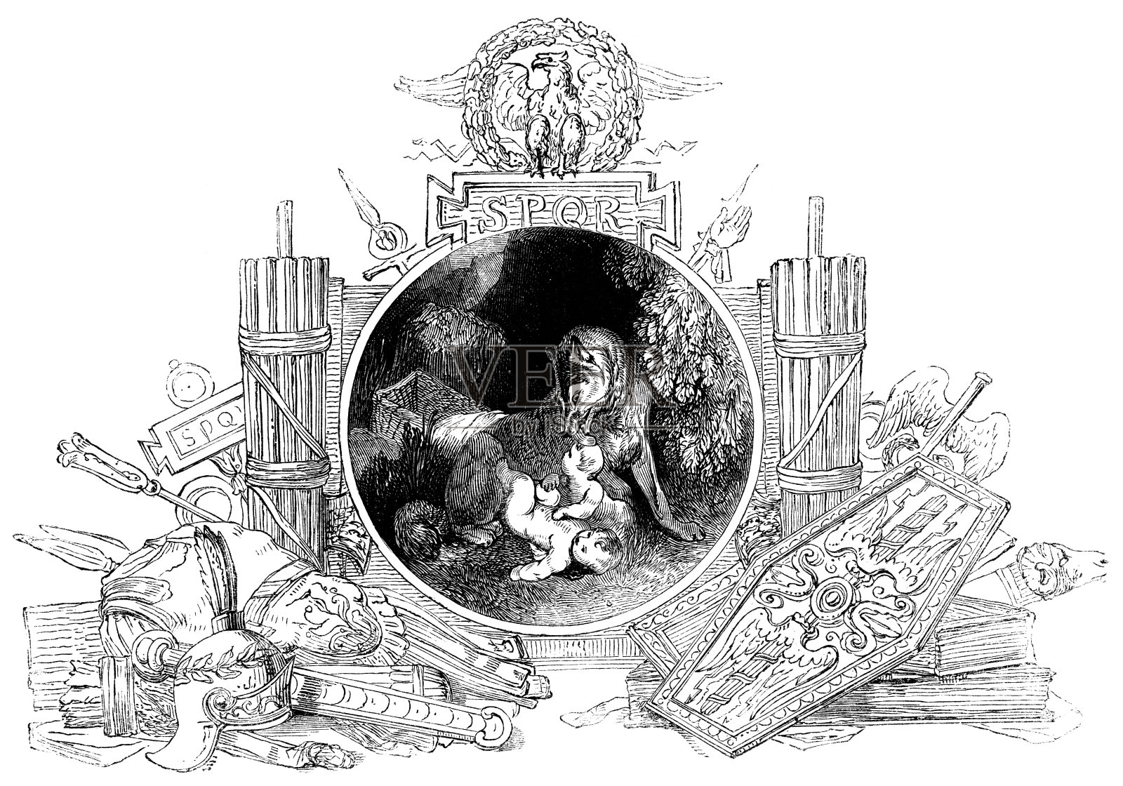 19世纪，母狼用古罗马物品照顾罗穆卢斯和莱姆斯插画图片素材