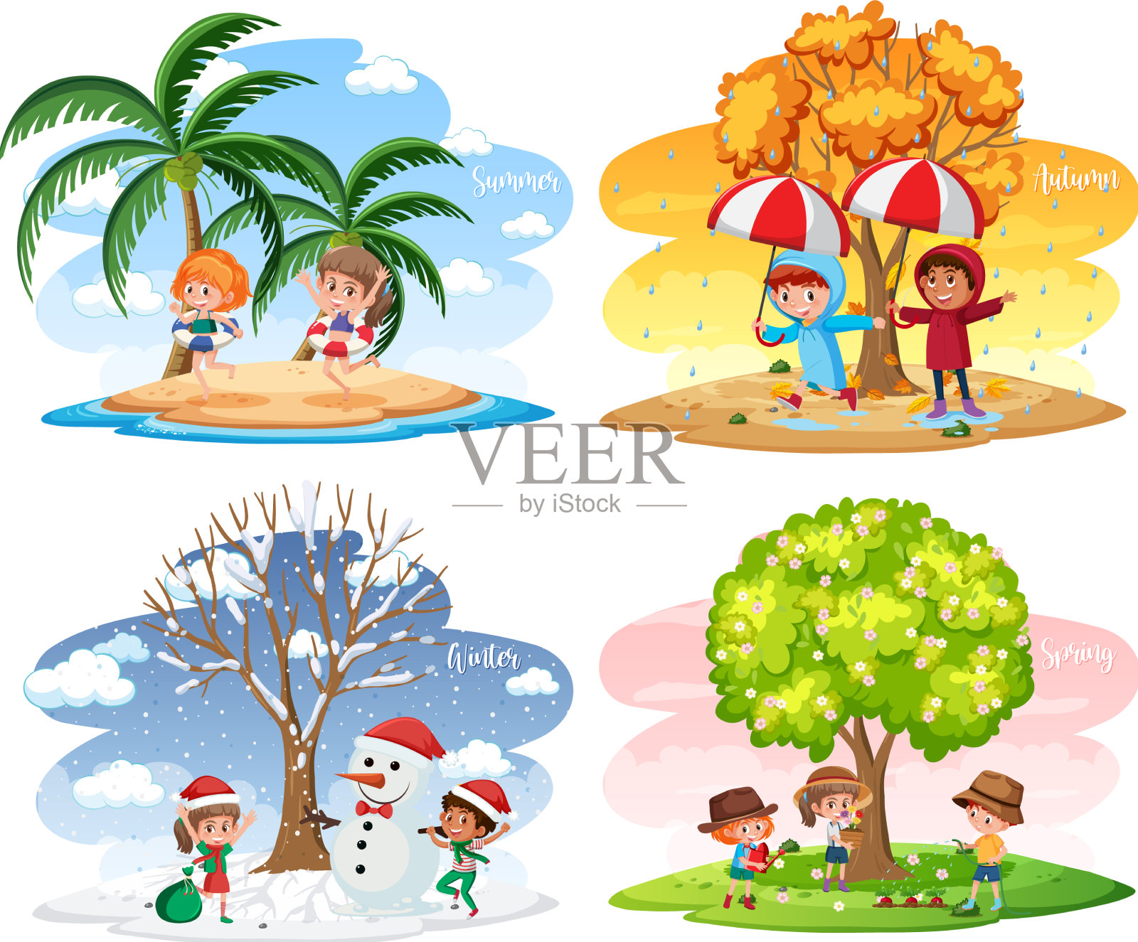 不同的场景与孩子在四季插画图片素材