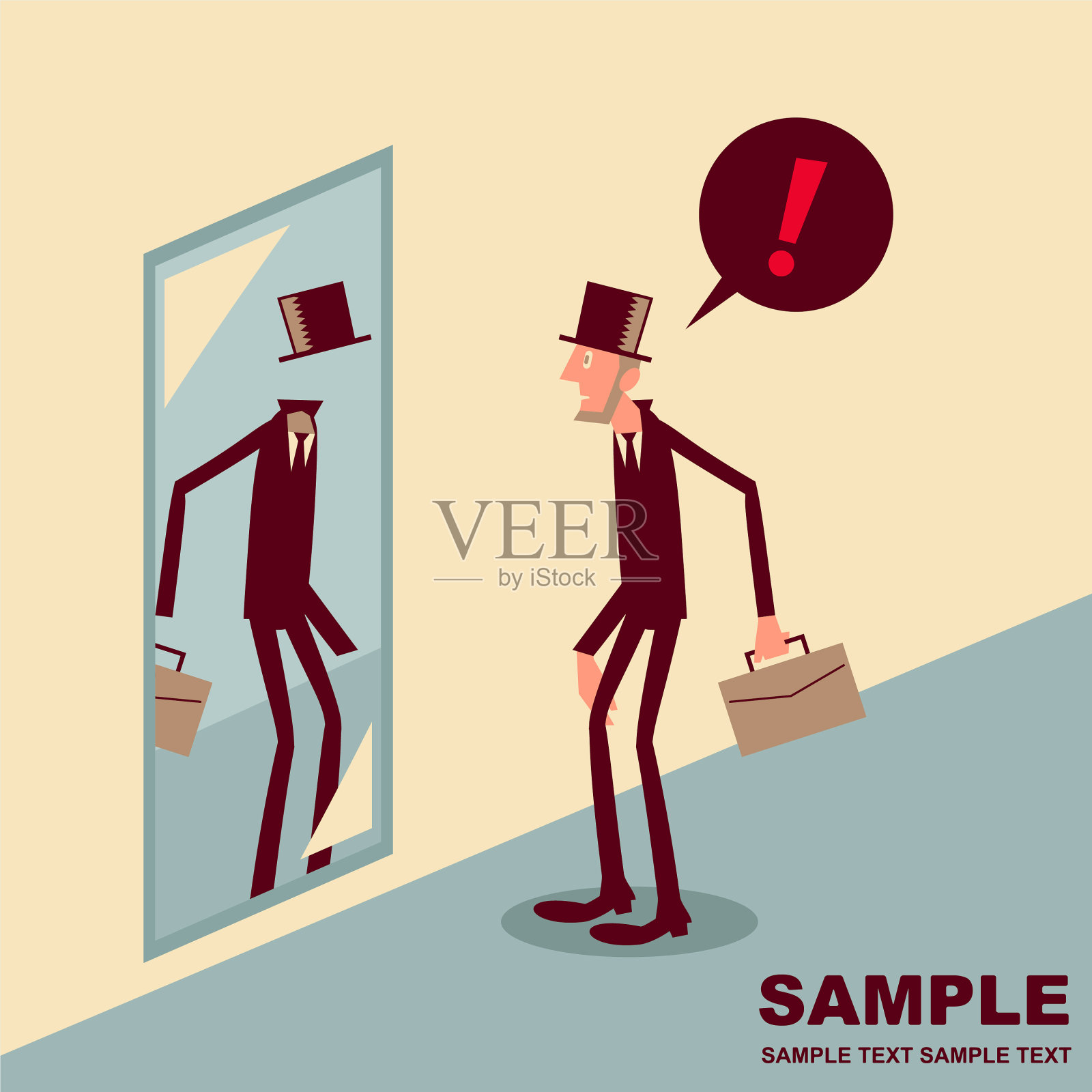 瘦弱的商人看着镜子里的自己，觉得自己是个空虚的人插画图片素材