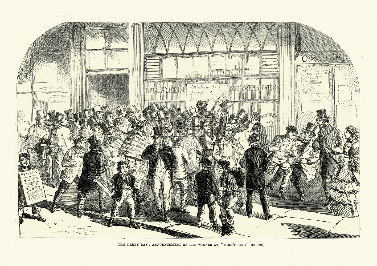 获奖名单于1861年的德比日在贝尔生活办公室公布插画图片素材