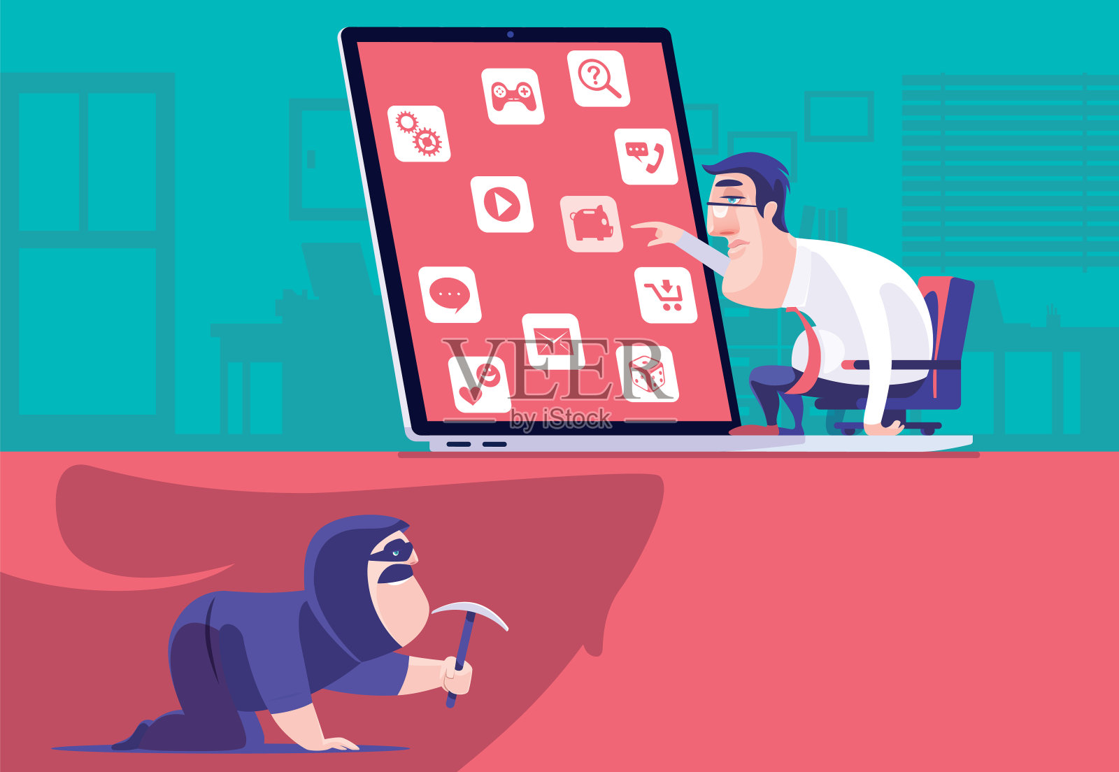 骗子挖隧道，白人商人用电脑插画图片素材