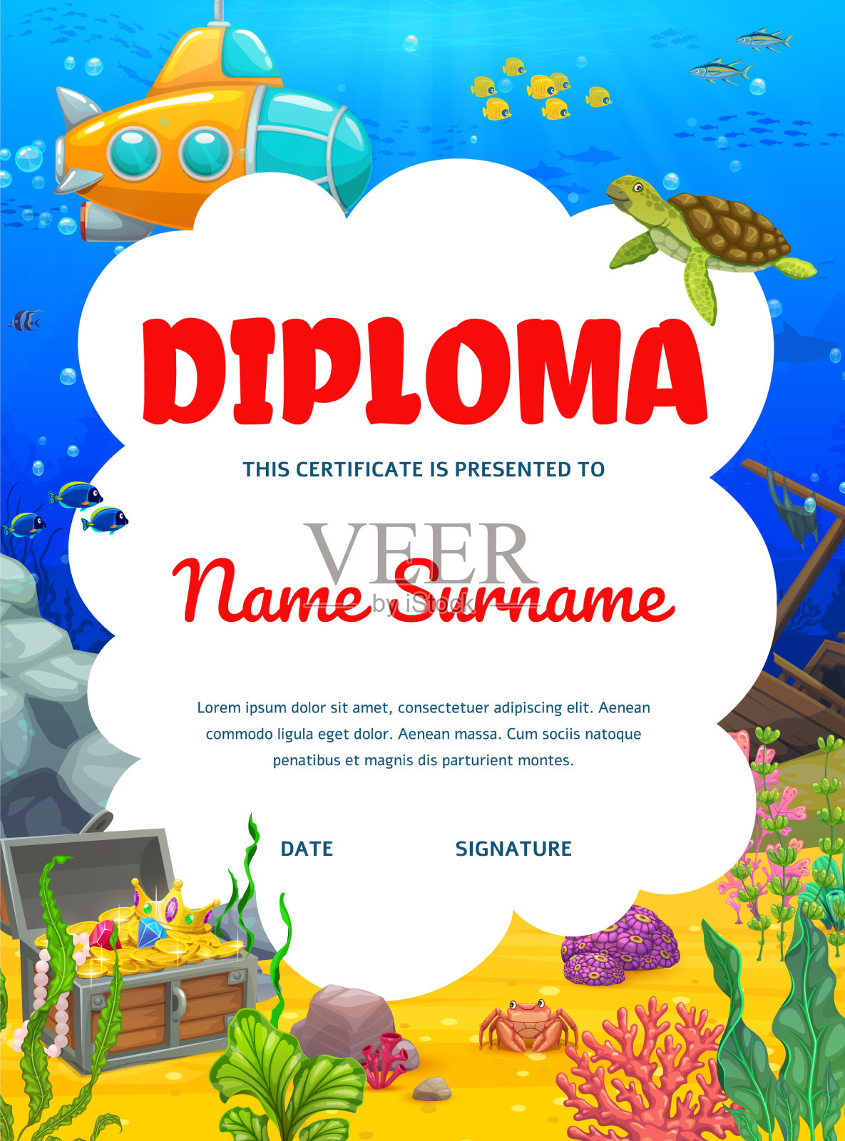 孩子文凭卡通黄色潜水艇水下设计模板素材