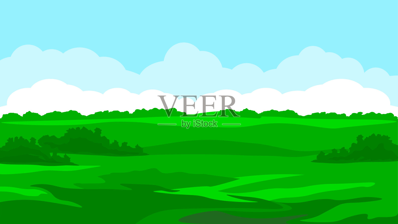 夏日草甸景观，碧绿山谷插画图片素材