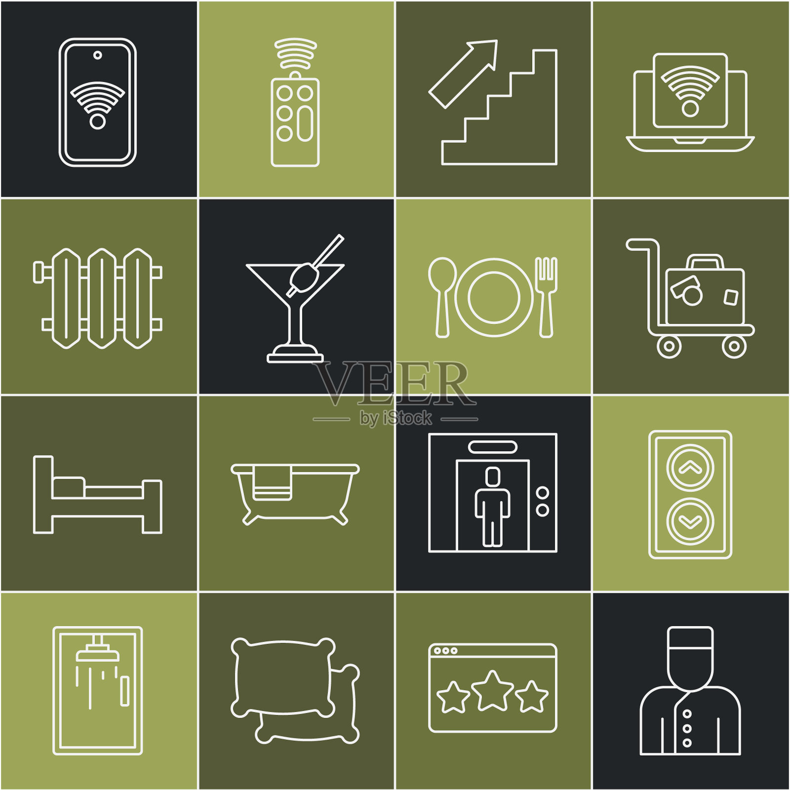设置礼宾服务，电梯，行李箱，楼梯，马提尼玻璃，加热散热器，带wi-fi无线和盘子，叉子和刀子图标的手机。向量图标素材