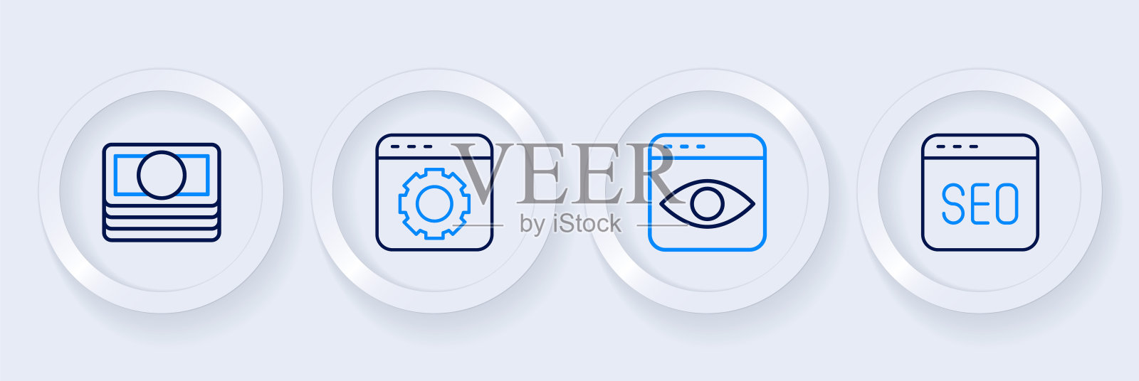设置在线SEO优化，个人信息收集，浏览器设置和堆栈纸币现金图标。向量图标素材