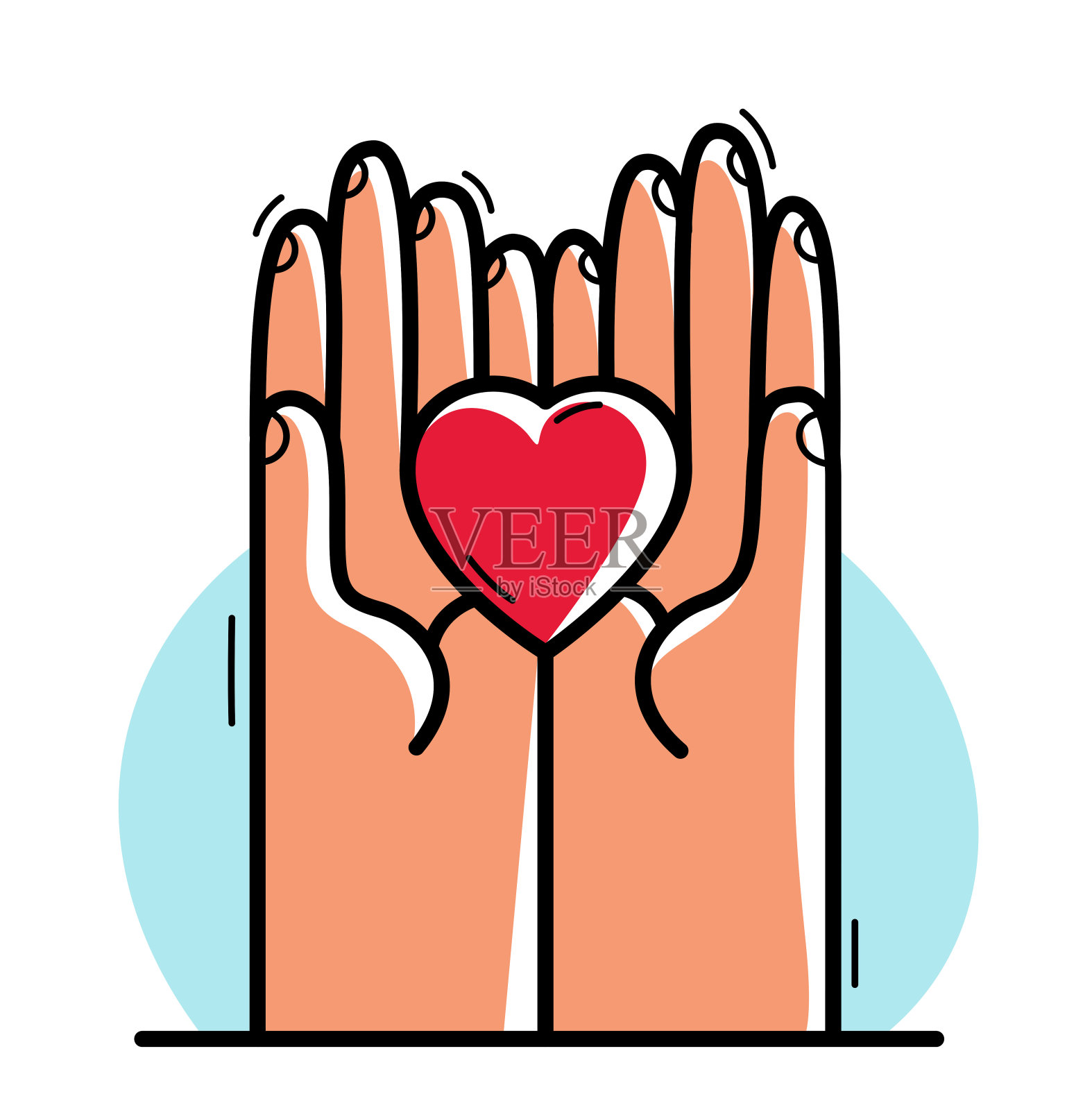 双手与心灵的呵护与关怀矢量平面画风插画孤立于白色，珍惜与捍卫健康理念，热爱安全与安全。插画图片素材