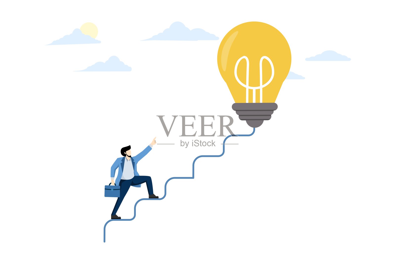 商业创意的创意概念，思考和头脑风暴的新想法或机会，职业道路或目标的实现，企业家开始走电路作为阶梯到大创意灯泡。插画图片素材