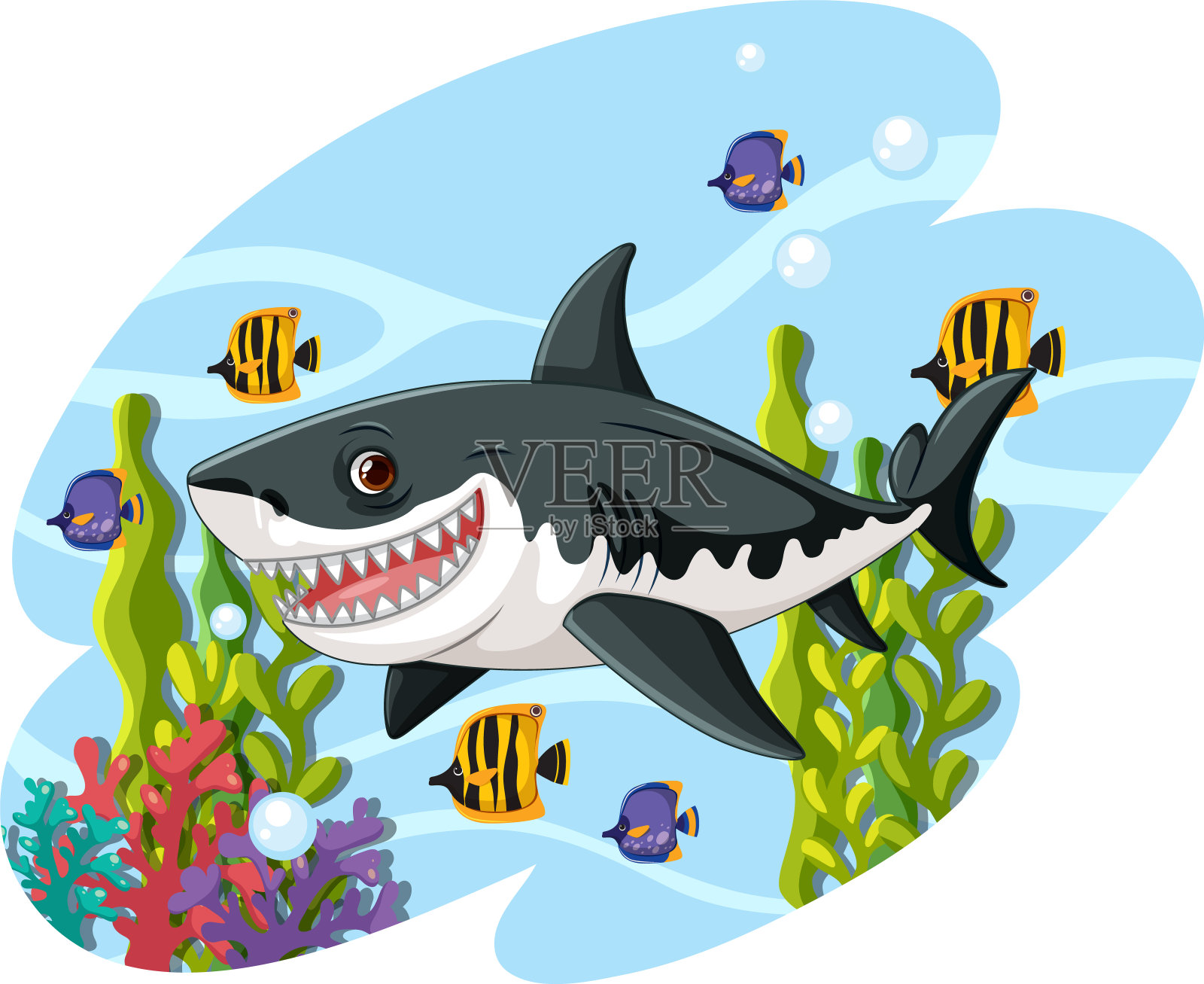 一条长着大牙齿的大白鲨微笑着与珊瑚和其他鱼类一起在水下游泳的卡通插图插画图片素材