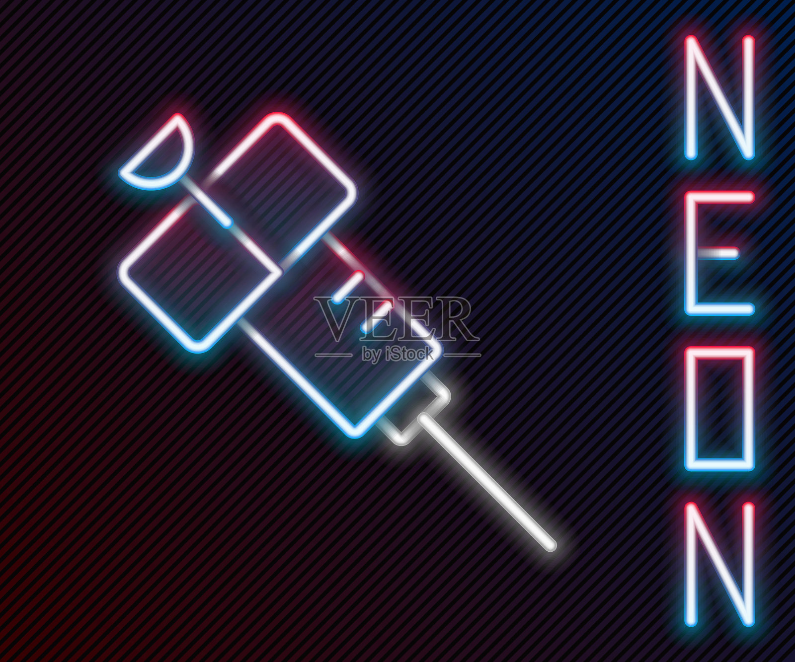 发光的霓虹灯线注射器图标孤立的黑色背景。疫苗注射器，疫苗接种，注射，流感疫苗。医疗设备。色彩缤纷的轮廓概念。向量插画图片素材