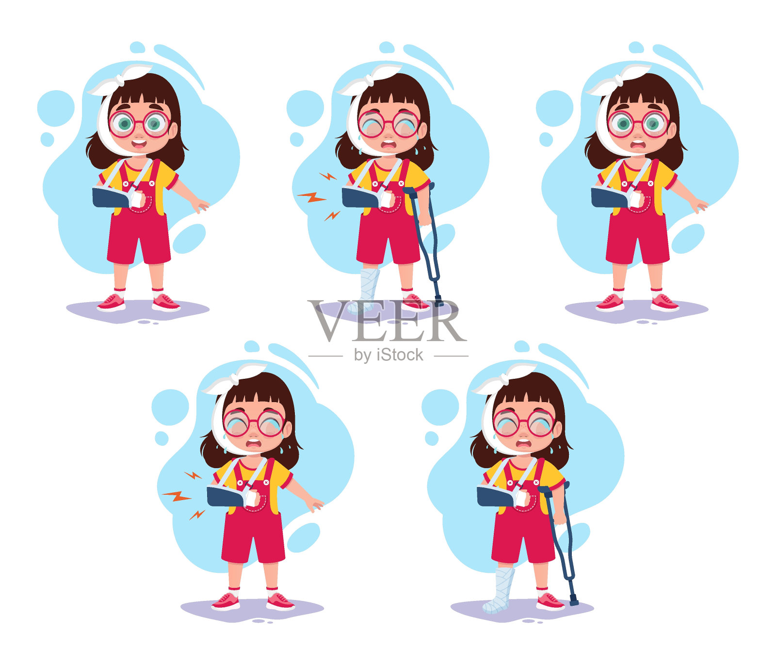 一组插图，画的是一个手臂骨折、头上缠着绷带、拄着拐杖痛苦地哭泣的女孩。插画图片素材