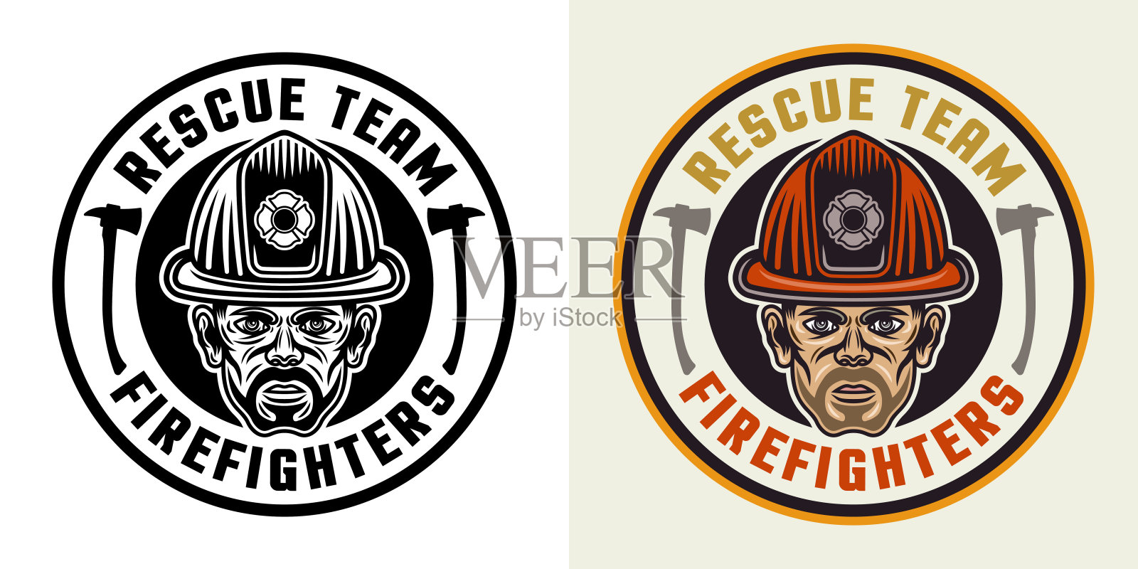 消防员矢量圆形徽章，标志，徽章或标签设计插图在两种风格黑色对白色和彩色插画图片素材