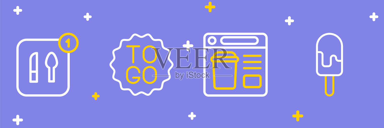 设置在线冰淇淋，在线订购食品，咖啡杯和食品图标。向量插画图片素材