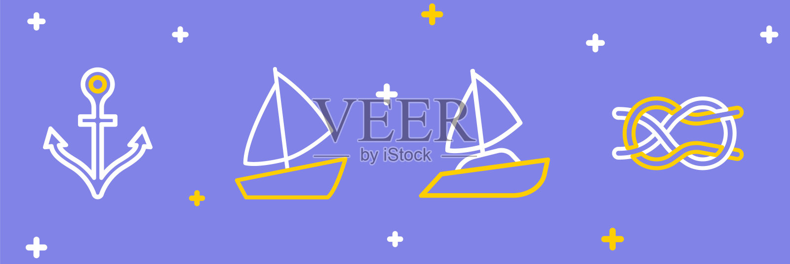 设置线航海绳结，游艇帆船和锚图标。向量插画图片素材