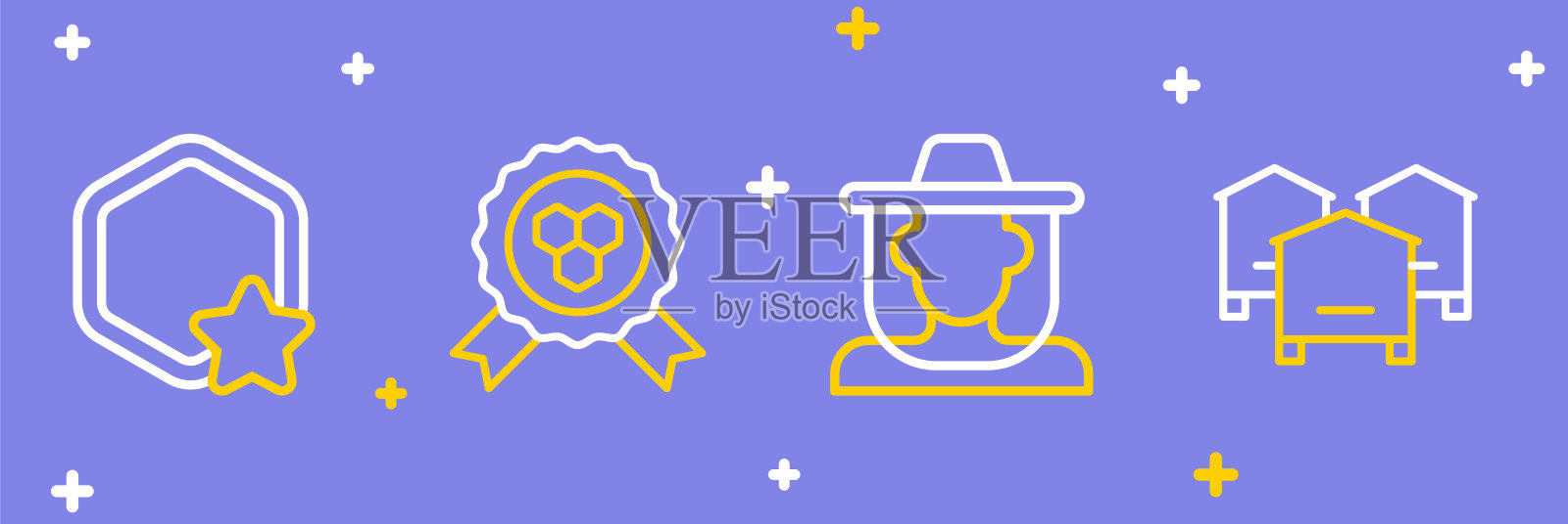 设置线蜂巢为蜜蜂，养蜂人与保护帽，蜂蜜奖和蜂巢图标。向量插画图片素材