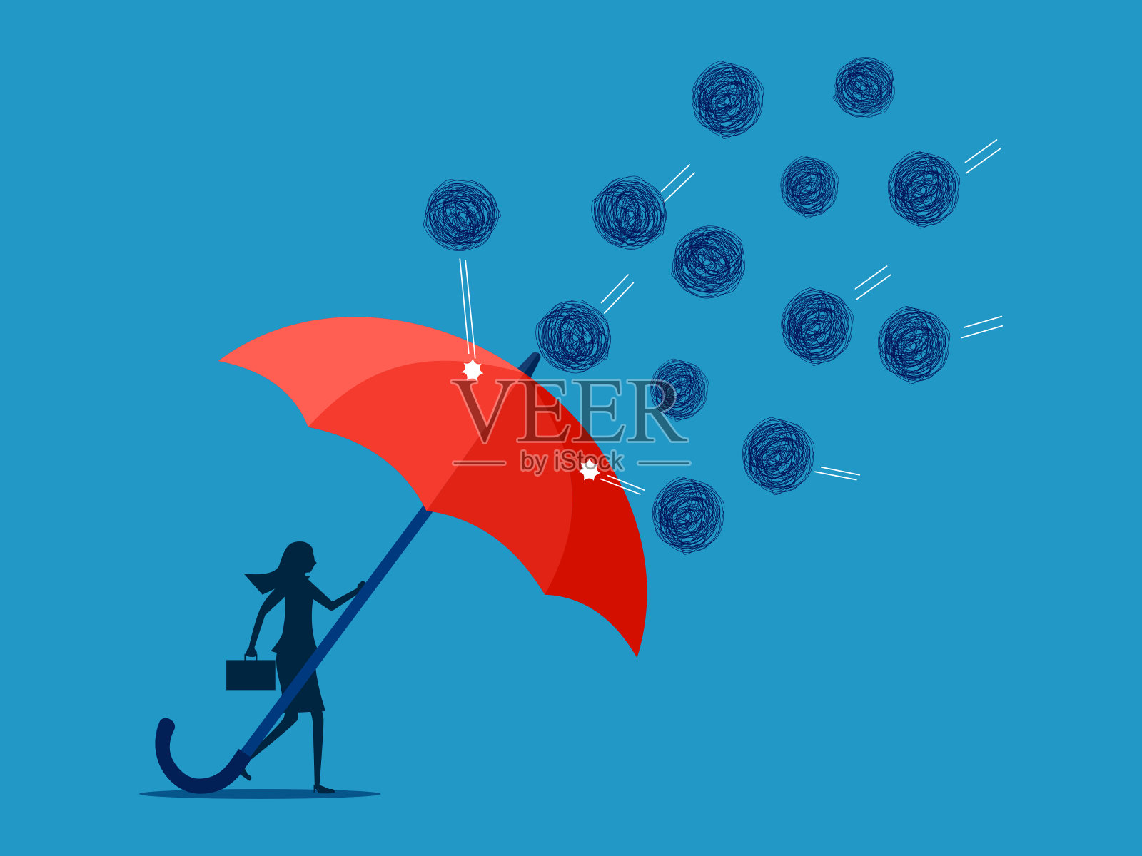 防止混乱问题。拿着雨伞的女商人保护自己免受混乱的袭击插画图片素材