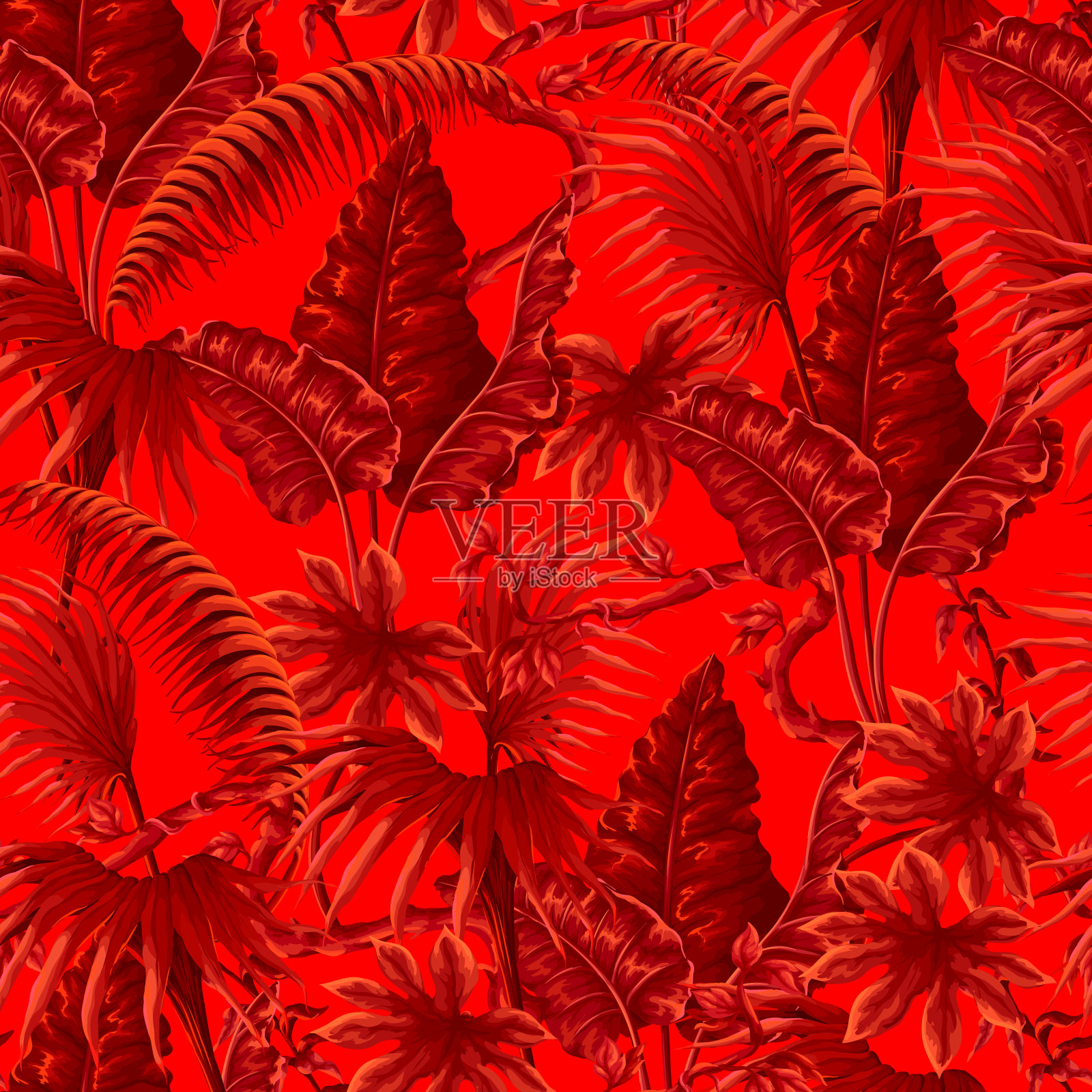 无缝红色图案与丛林植物和维多利亚风格的叶子。向量。插画图片素材