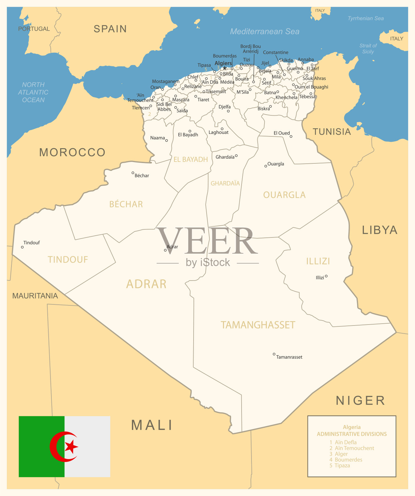 阿尔及利亚-详细地图，有行政区划和国旗。插画图片素材