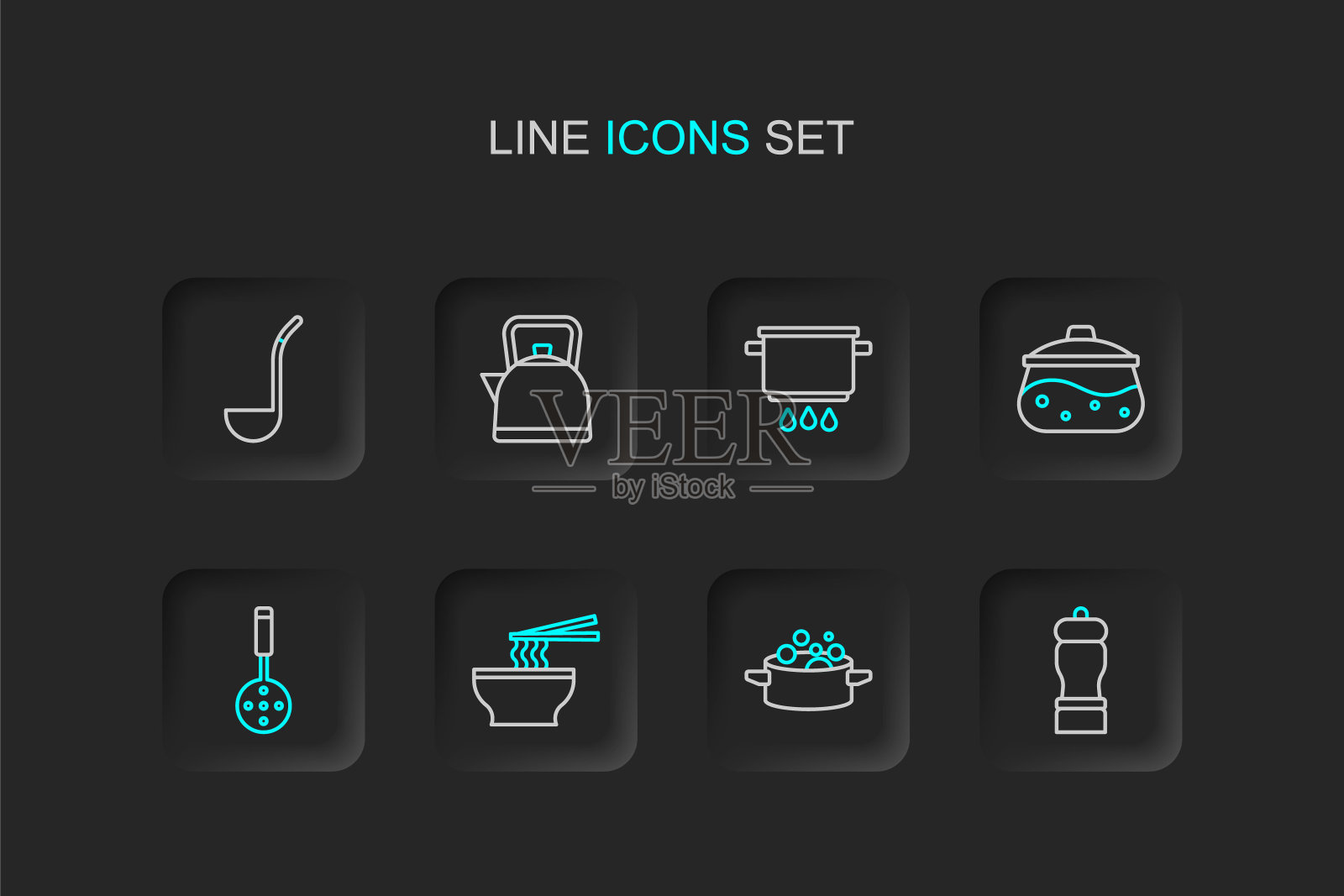 设置线胡椒，烹饪锅，亚洲面条碗，抹刀，火，茶壶与手柄和厨房勺子图标。向量图标素材