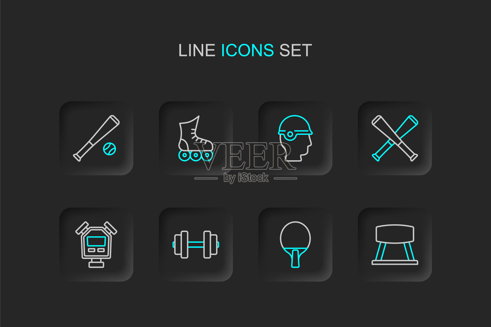 集线鞍马，球拍，哑铃，秒表，交叉棒球棒，棒球头盔，轮滑和与图标。向量插画图片素材