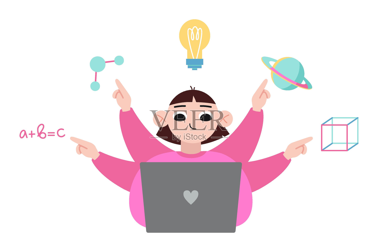 多臂少女用笔记本电脑学习各种学科，多任务，卡通风格。新潮的现代矢量插图孤立在白色，手绘，平面设计插画图片素材