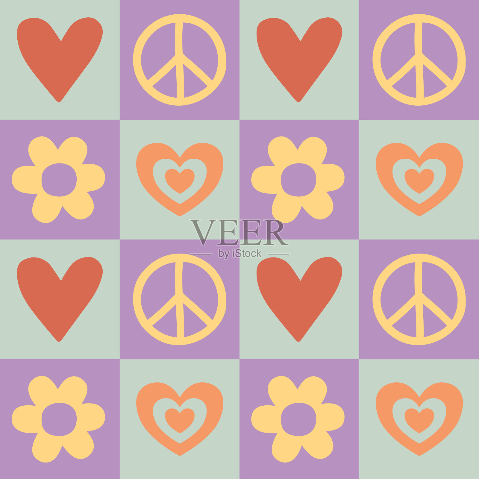 矢量无缝图案复古groovy棋盘纹理与花和心插画图片素材