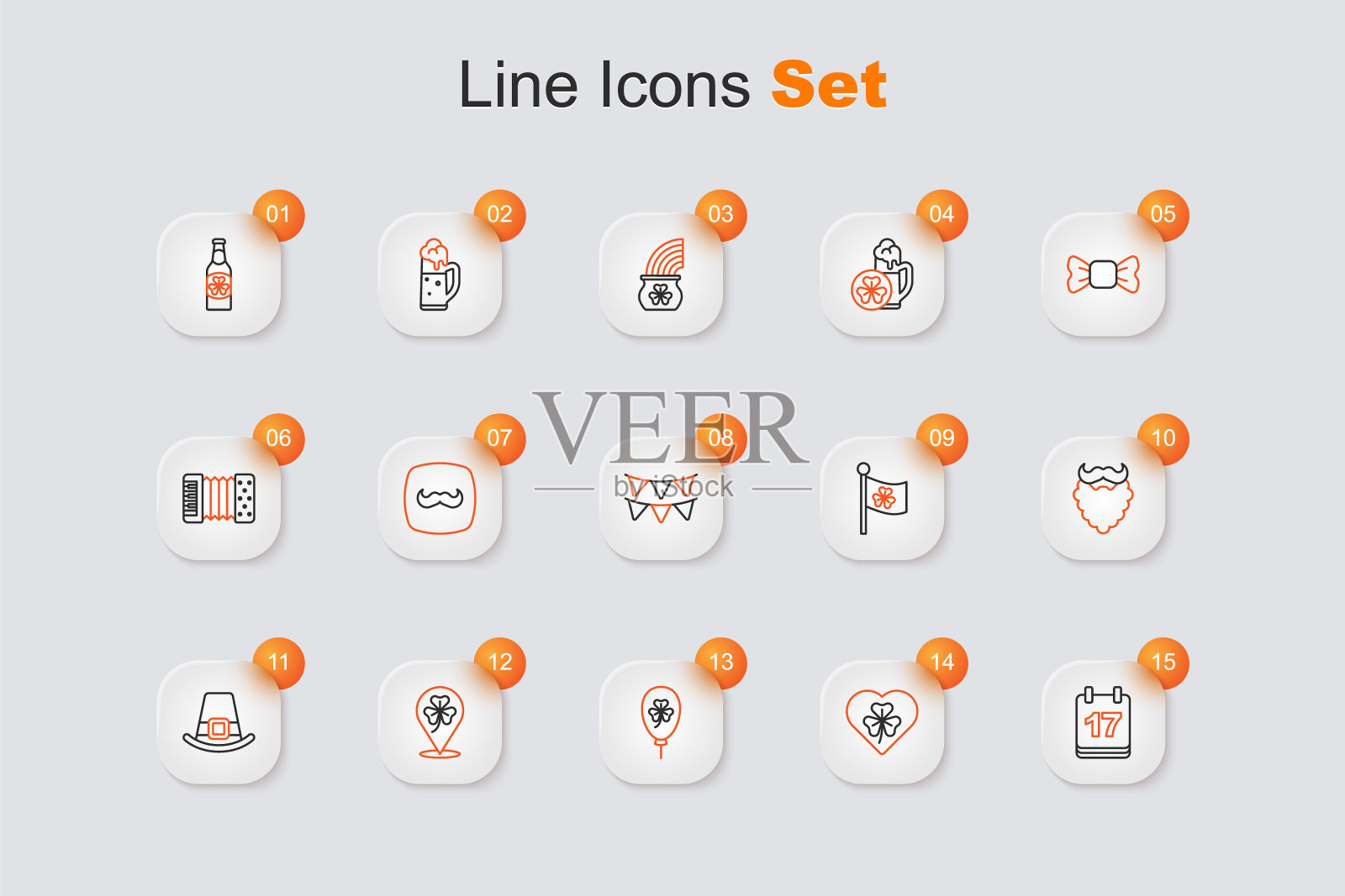 设定线圣帕特里克日与日历，心脏三叶草，三叶草，气球，三叶草，妖精的帽子，胡子和胡子，爱尔兰国旗和嘉年华花环旗帜图标。向量图标素材