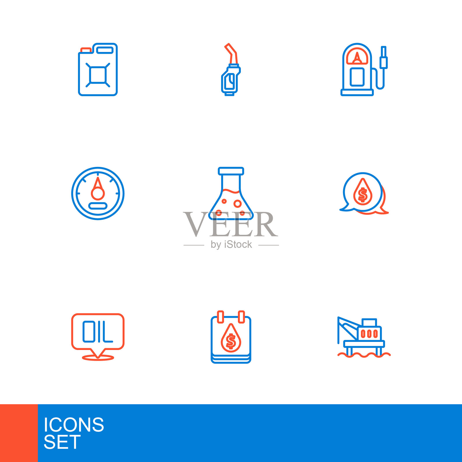 海上石油平台，drop with美元符号，Word Oil，汽油表，汽油试管，加油站和汽油泵喷嘴图标。向量图标素材