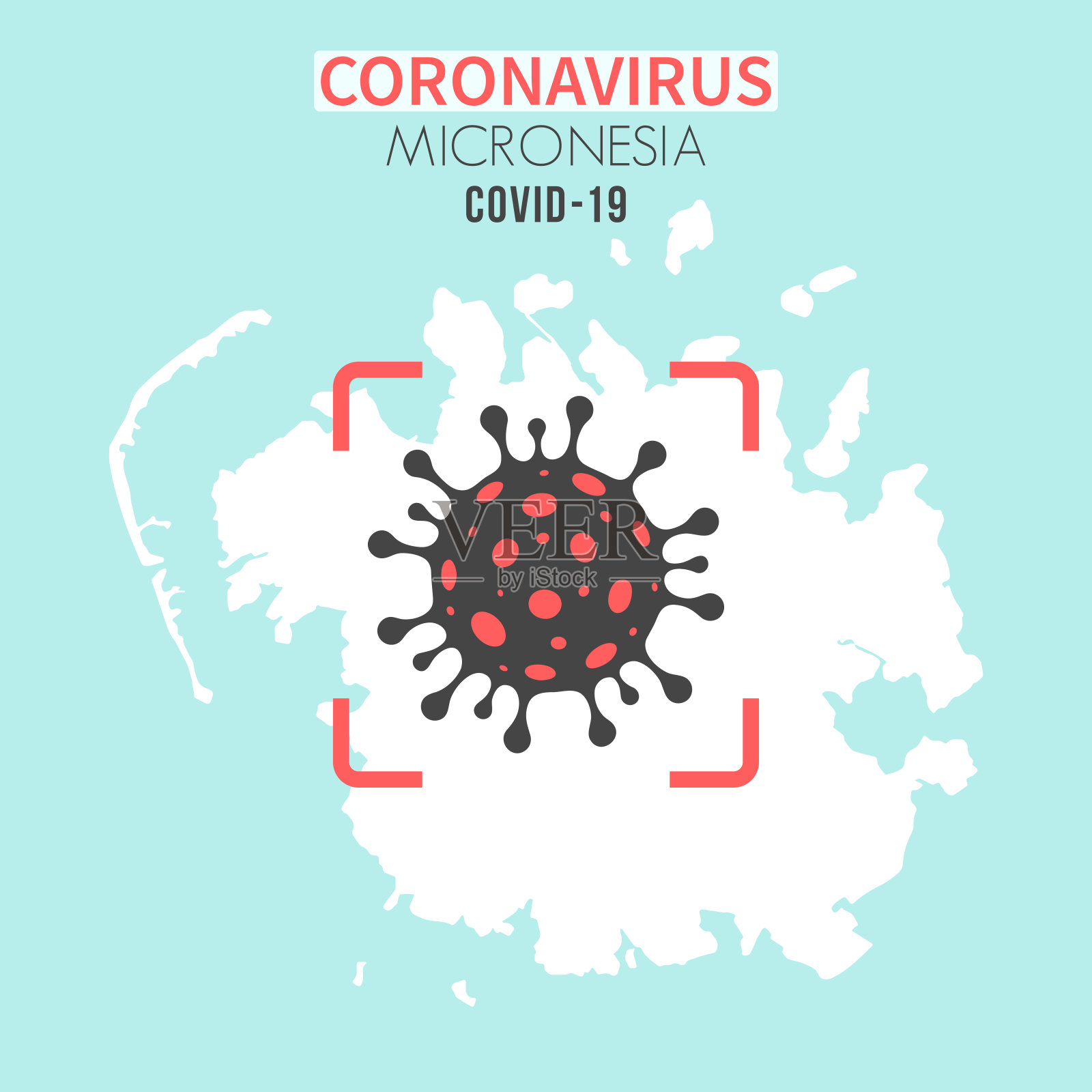 密克罗尼西亚地图，红色取景器中有冠状病毒细胞(COVID-19)插画图片素材