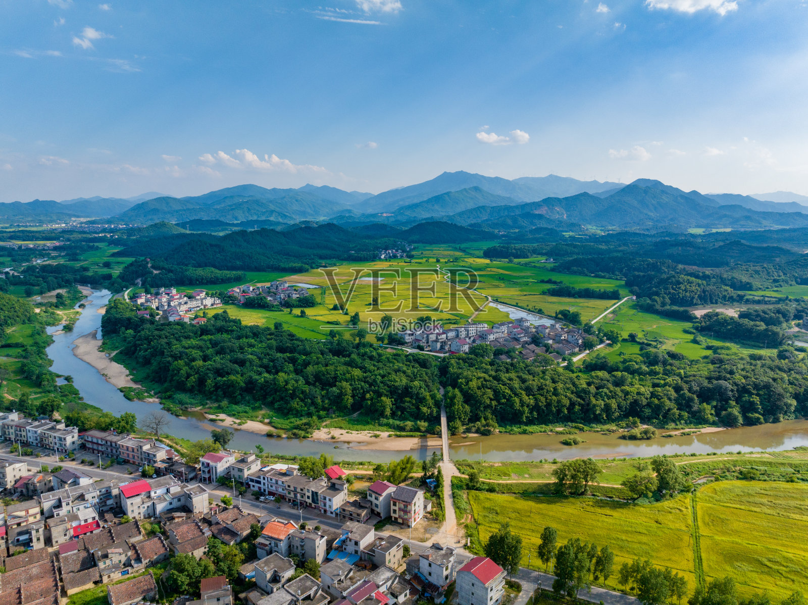 远眺碧绿的稻田，田园田园风光照片摄影图片