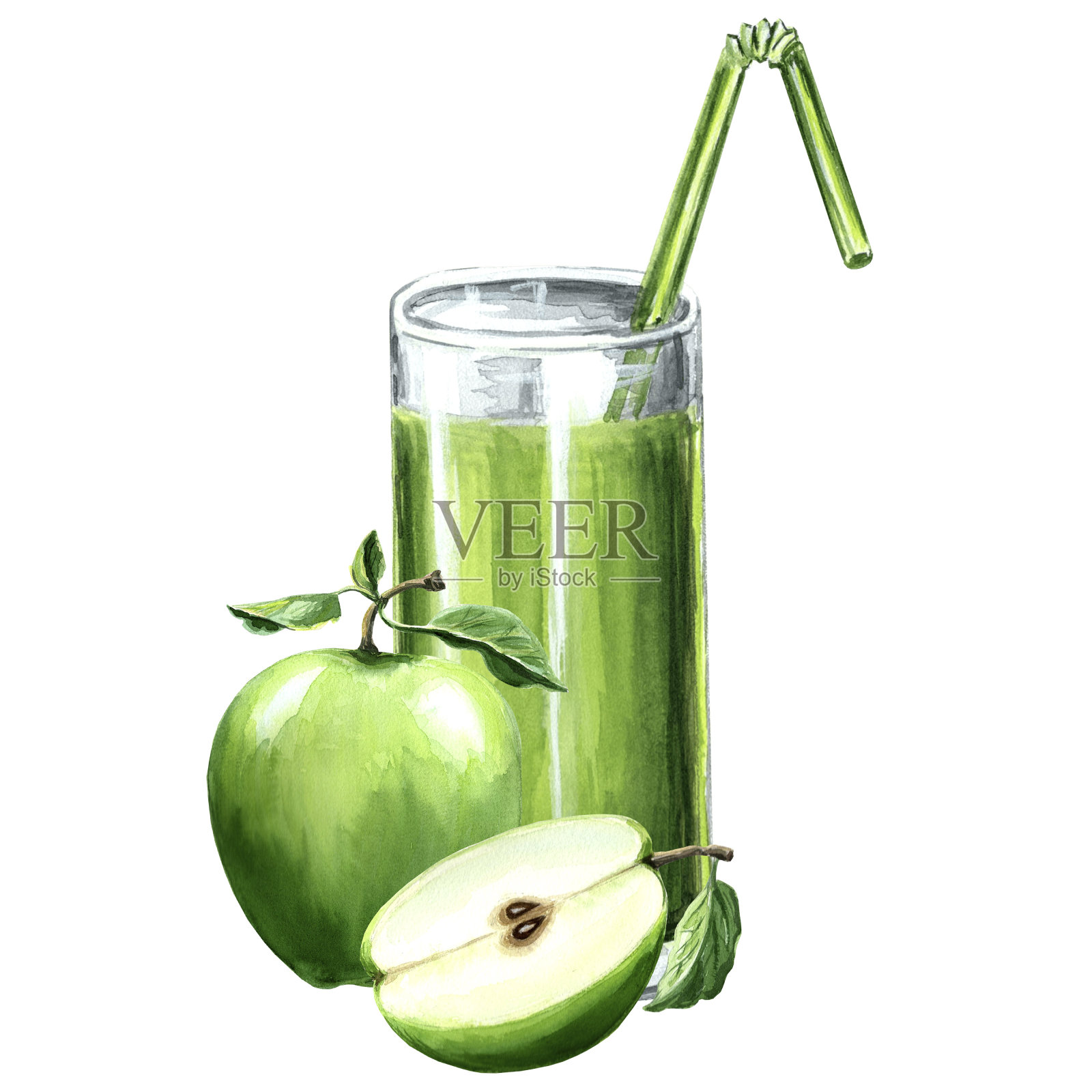 水彩插图绿色玻璃与苹果和芹菜。插画图片素材