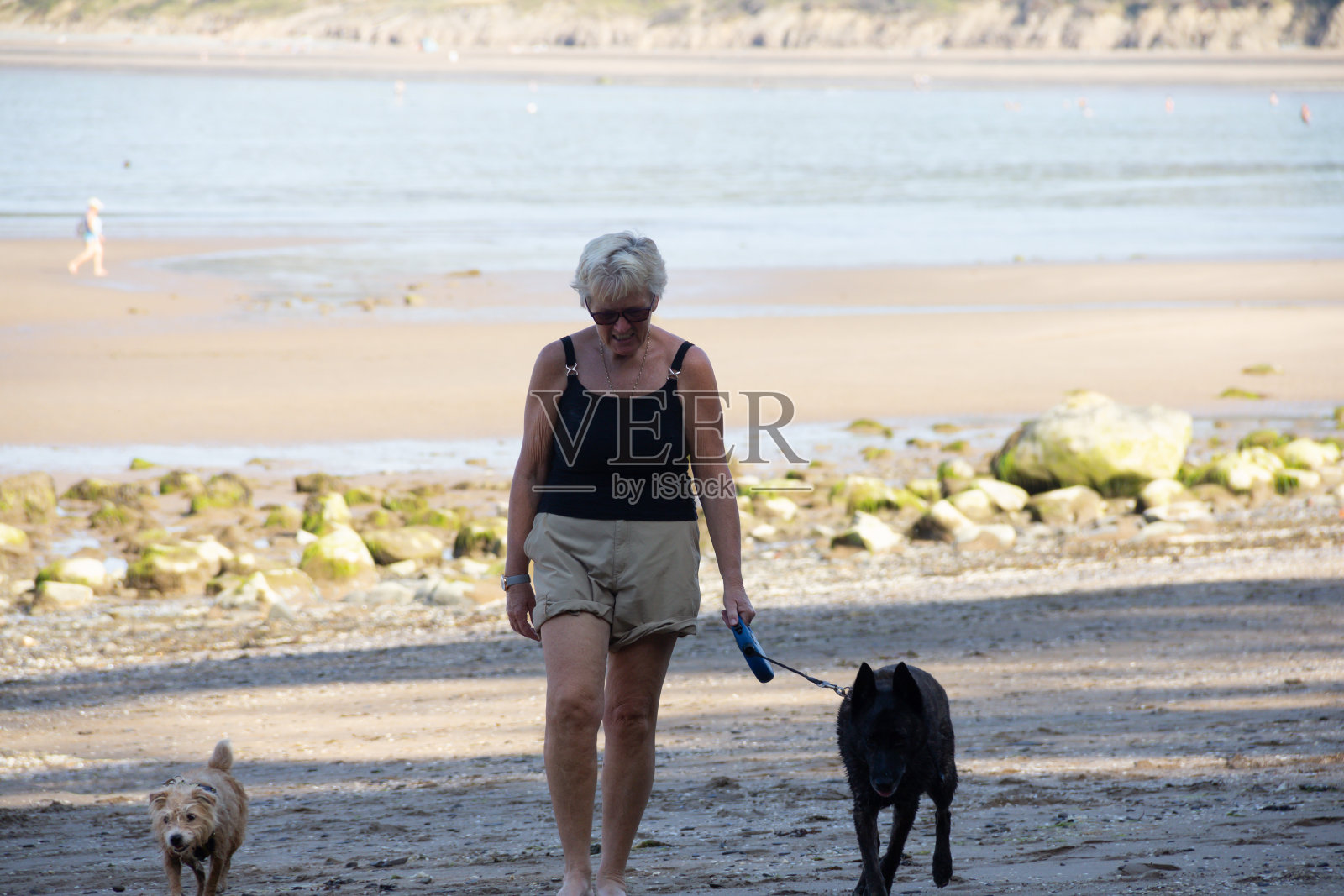 我的时间，一个女人在海滩上遛狗，安静而孤独，当狗享受锻炼时，她陷入了沉思。照片摄影图片