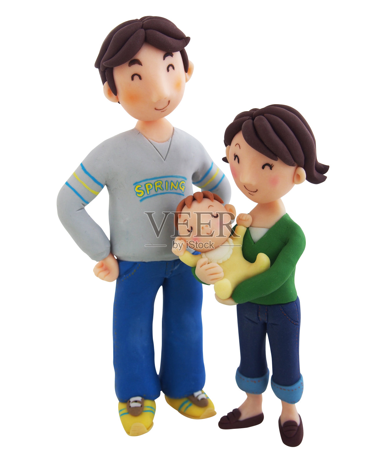 爸爸和妈妈微笑着温柔地看着他们的孩子(泥塑作品)插画图片素材