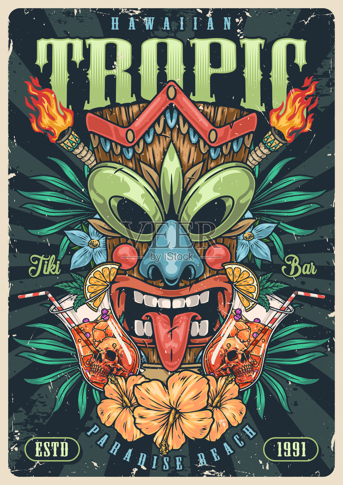 夏威夷热带飞人面具色彩斑斓设计模板素材