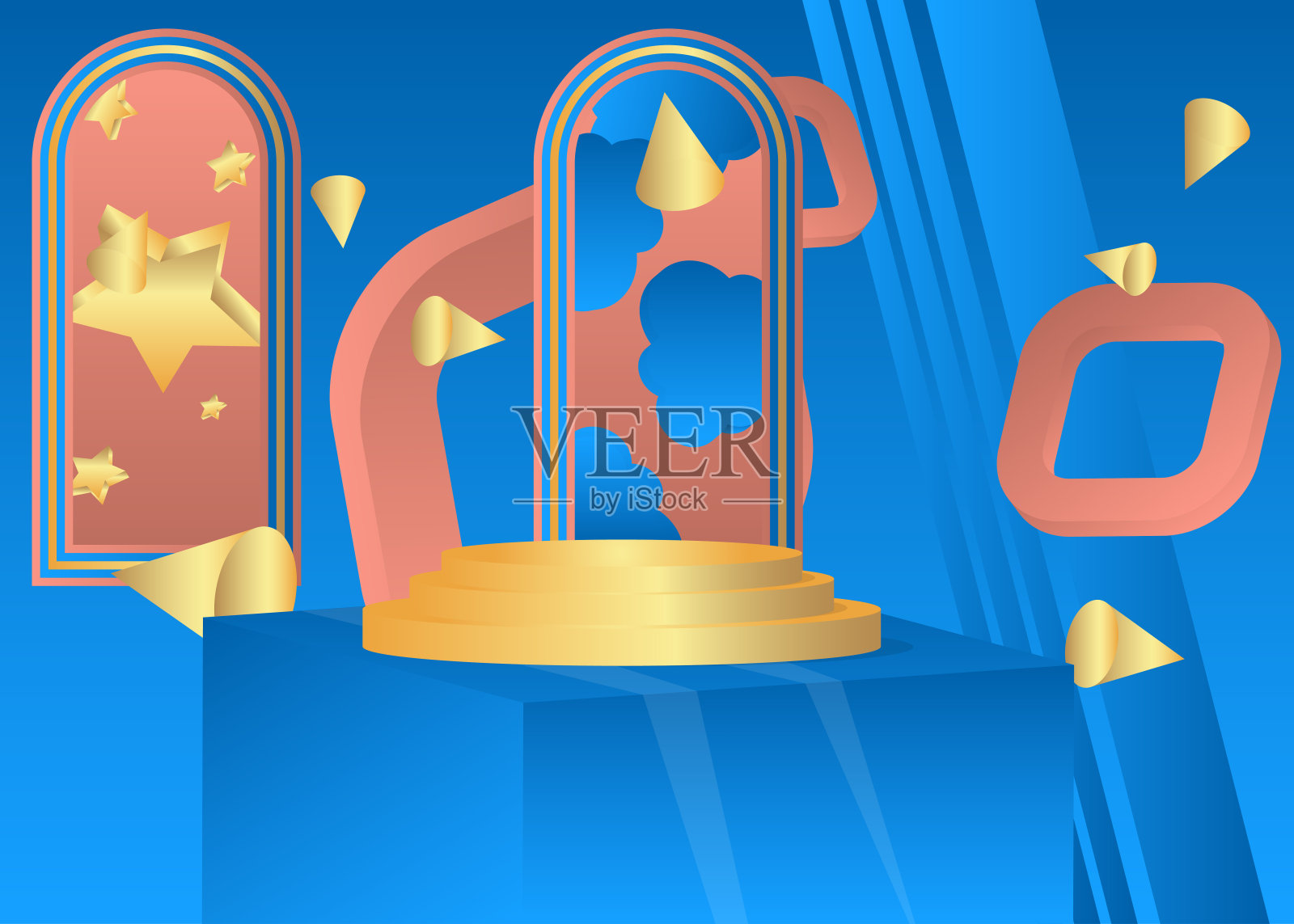 抽象的浅红色、金色和蓝色模型产品展示。用于演示的矢量圆柱体基座讲台。最小几何舞台展示。插画图片素材