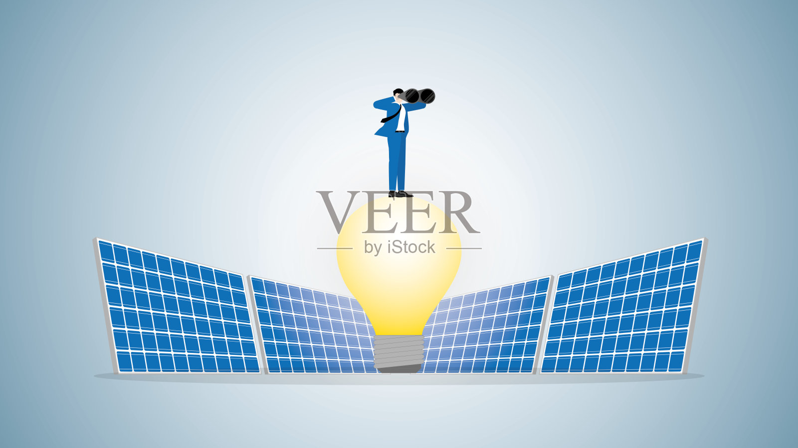 有远见的商人在太阳能电池供电的灯泡上使用双筒望远镜。ESG，可再生能源，替代能源，绿色能源，可持续环境政策，净零排放，减少碳足迹。插画图片素材