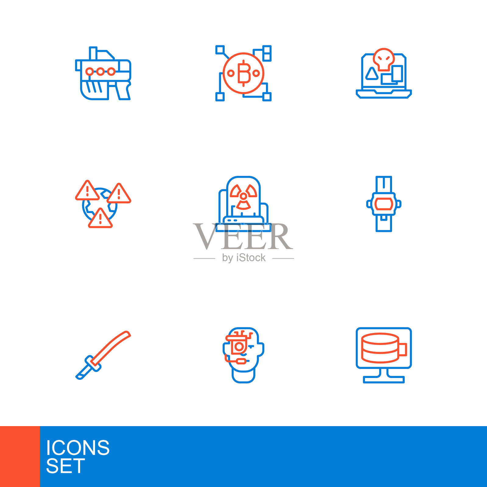 云数据库，智能眼镜上眼镜，武士刀，腕表，地球带感叹号，放射性警示灯，互联网盗版和区块链技术比特币图标。向量图标素材