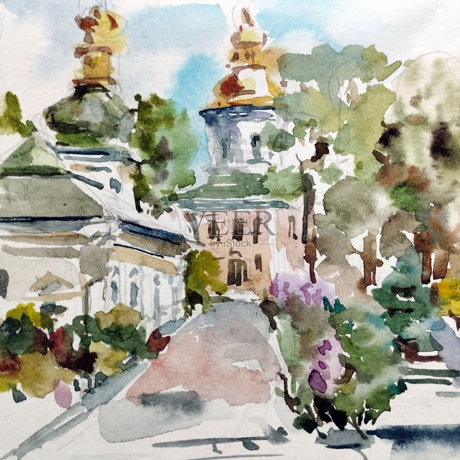 水彩画彩色明亮纹理抽象背景手工制作。景观。历史悠久的东正教修道院建筑群插画图片素材