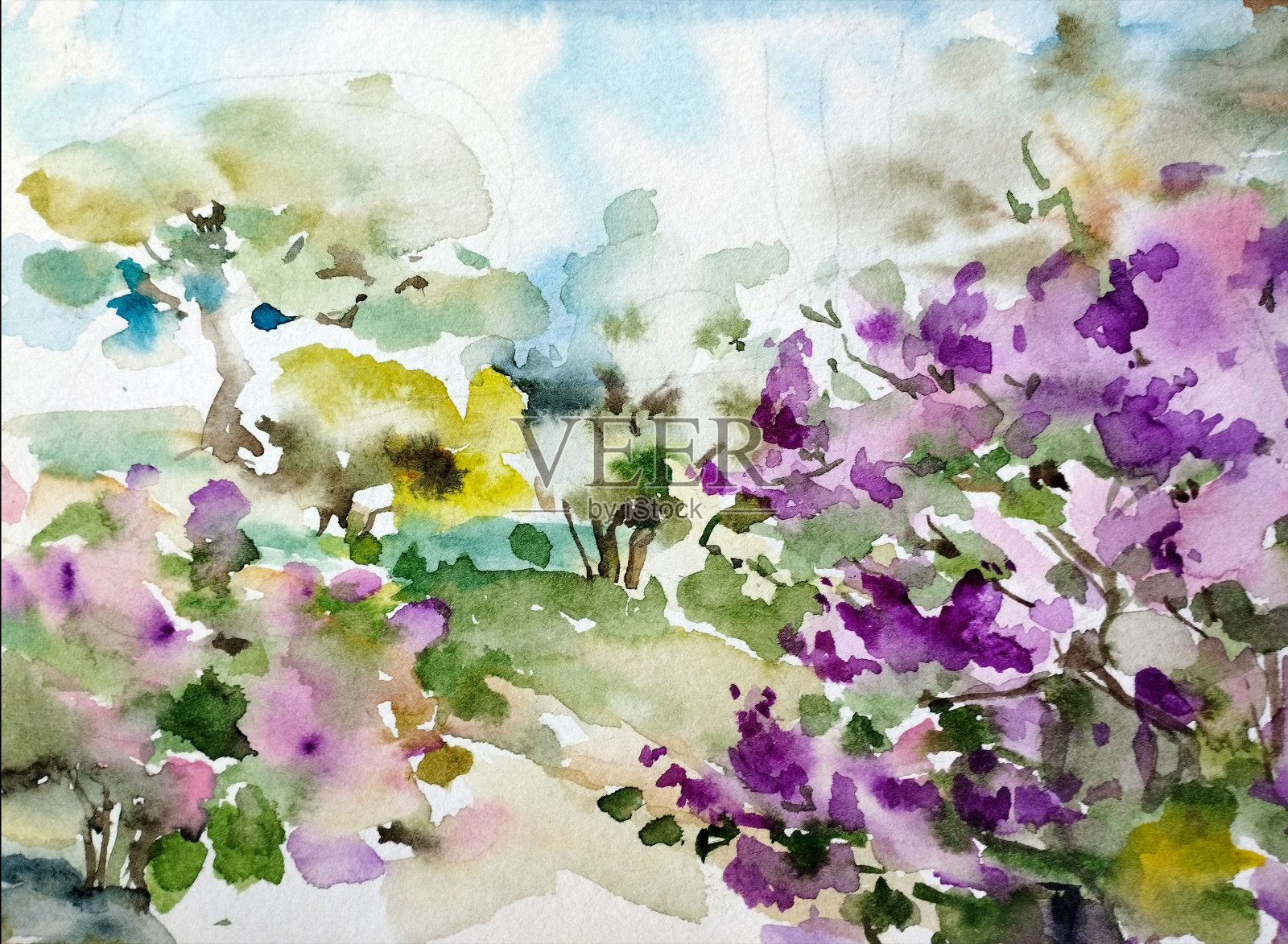 水彩画彩色明亮纹理抽象背景手工制作。地中海景观。画公园里的草木，田园般的春天插画图片素材