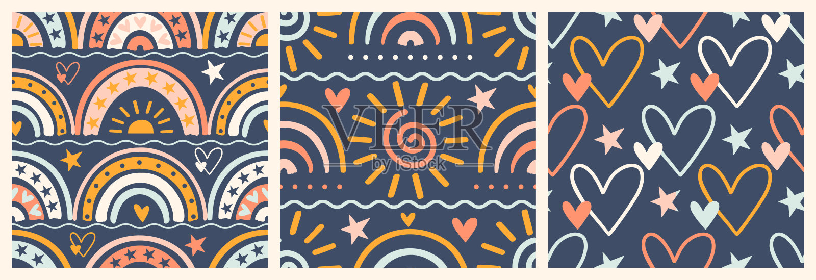 斯堪的纳维亚苗圃波西米亚无缝图案-春天的花朵，彩虹，太阳，心，星星。积极质朴的审美风格。手绘矢量涂鸦集合。插画图片素材