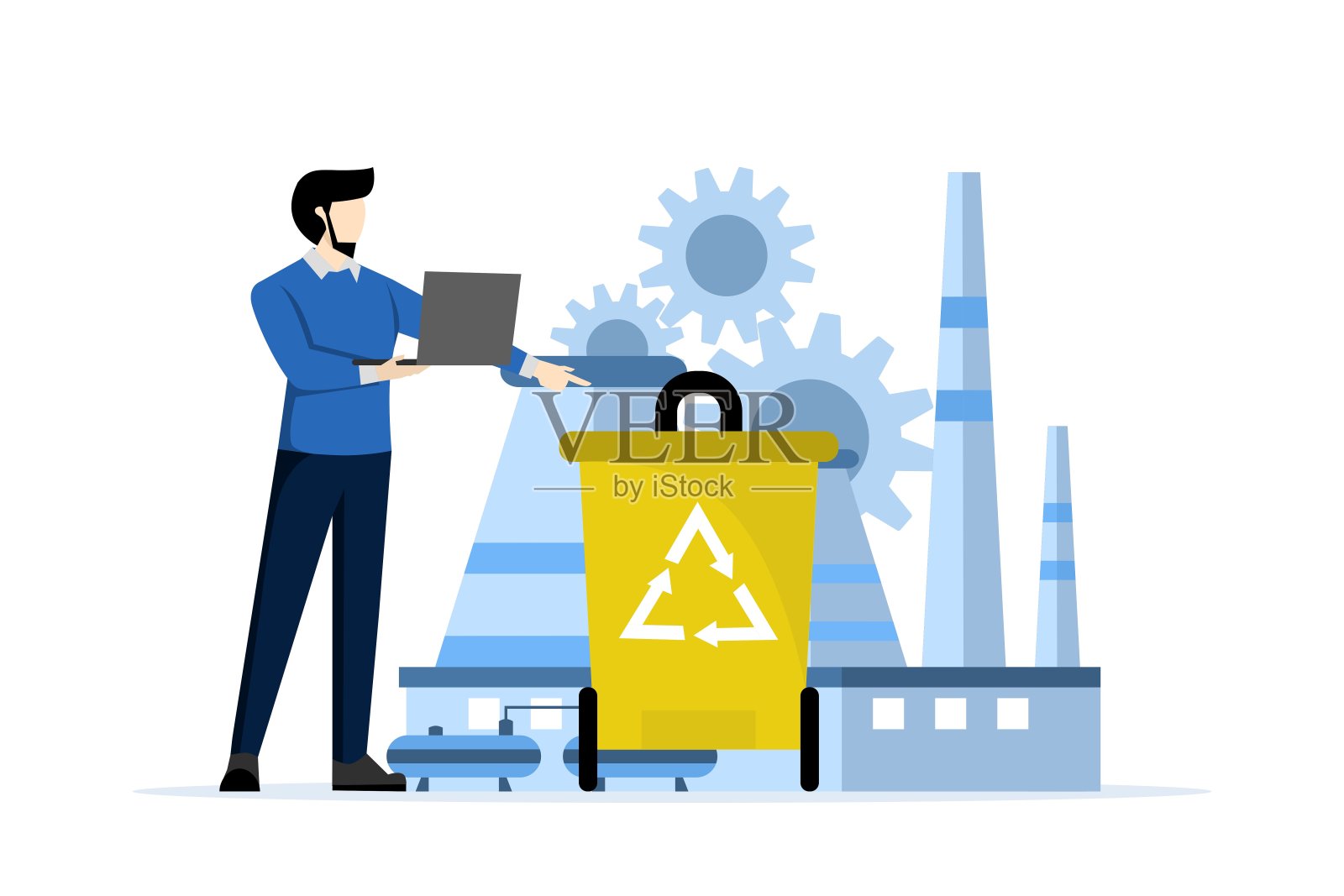 机械化工循环利用理念，危废减量同微人。工业废物管理矢量插图集。加工再利用，废物处理和利用。插画图片素材