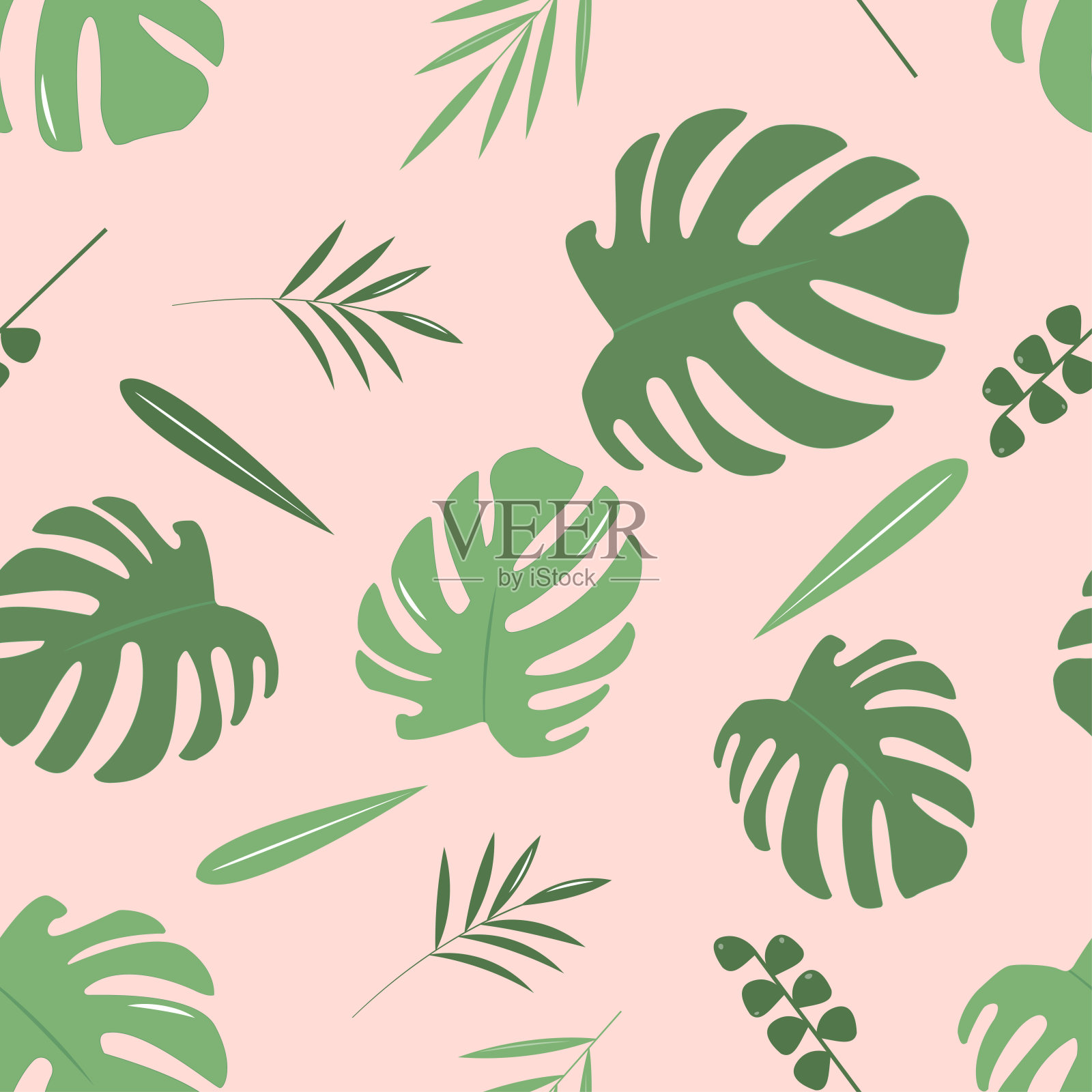 无缝矢量背景的怪物叶在一个粉红色的背景上印刷的衣服，床上用品夏季设计插画图片素材