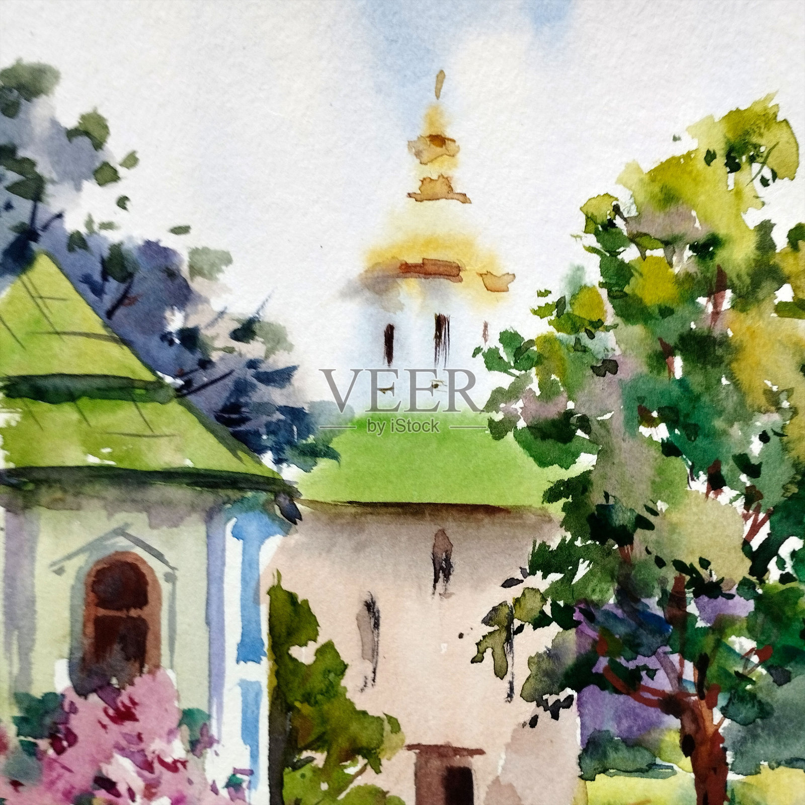 水彩画彩色明亮纹理抽象背景手工制作。景观。历史悠久的东正教修道院建筑群插画图片素材