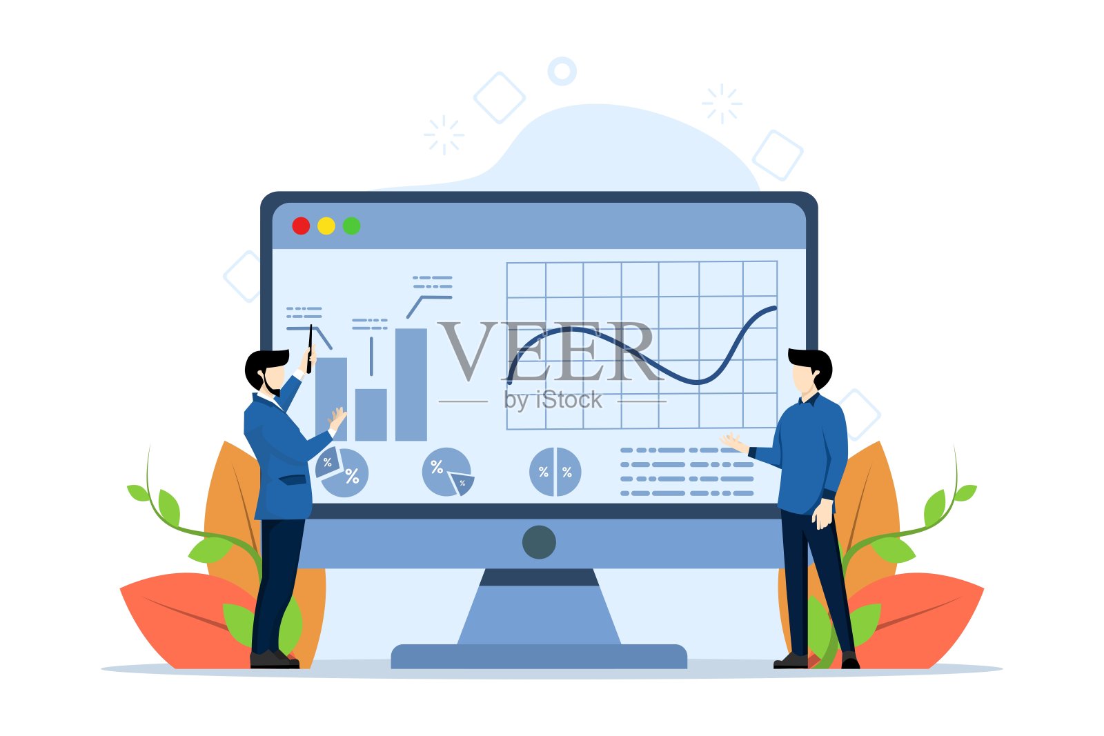 分析理念，专业分析图表在电脑显示器上。同事们呈现平面矢量图解。商业，市场营销，为横幅，网站设计或登陆网页插画图片素材