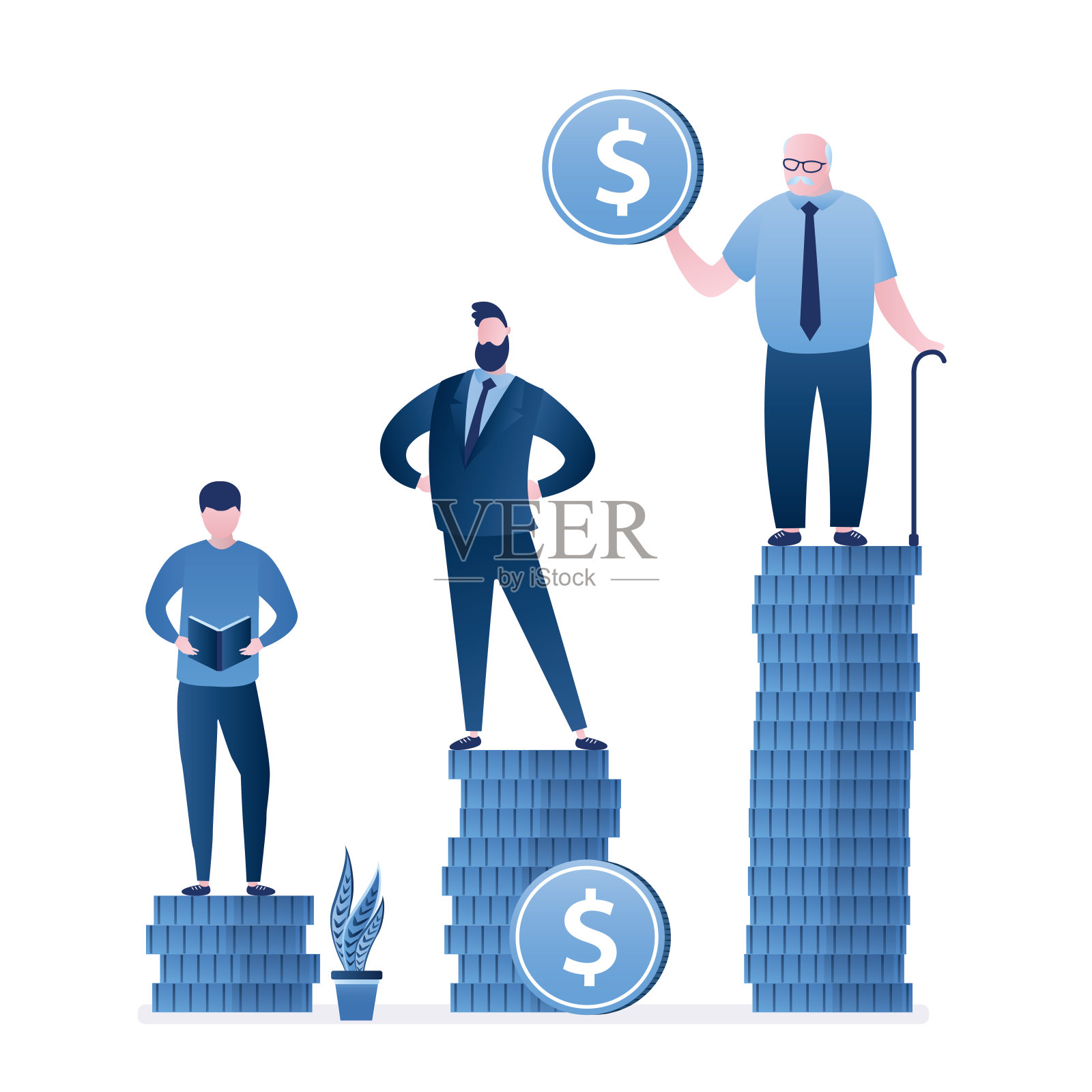退休资金计划和储蓄增长。养老基金，投资概念。老人和年轻人都站在一堆一美元的硬币上。职业阶梯。各种各样的男性角色。插画图片素材