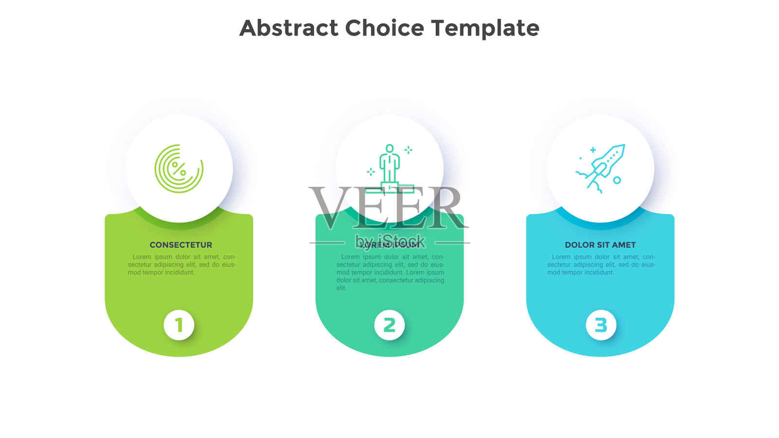 三个圆形元素水平排列。启动项目启动的三个连续步骤的概念。现代平面抽象矢量插图业务数据分析，统计报告。插画图片素材