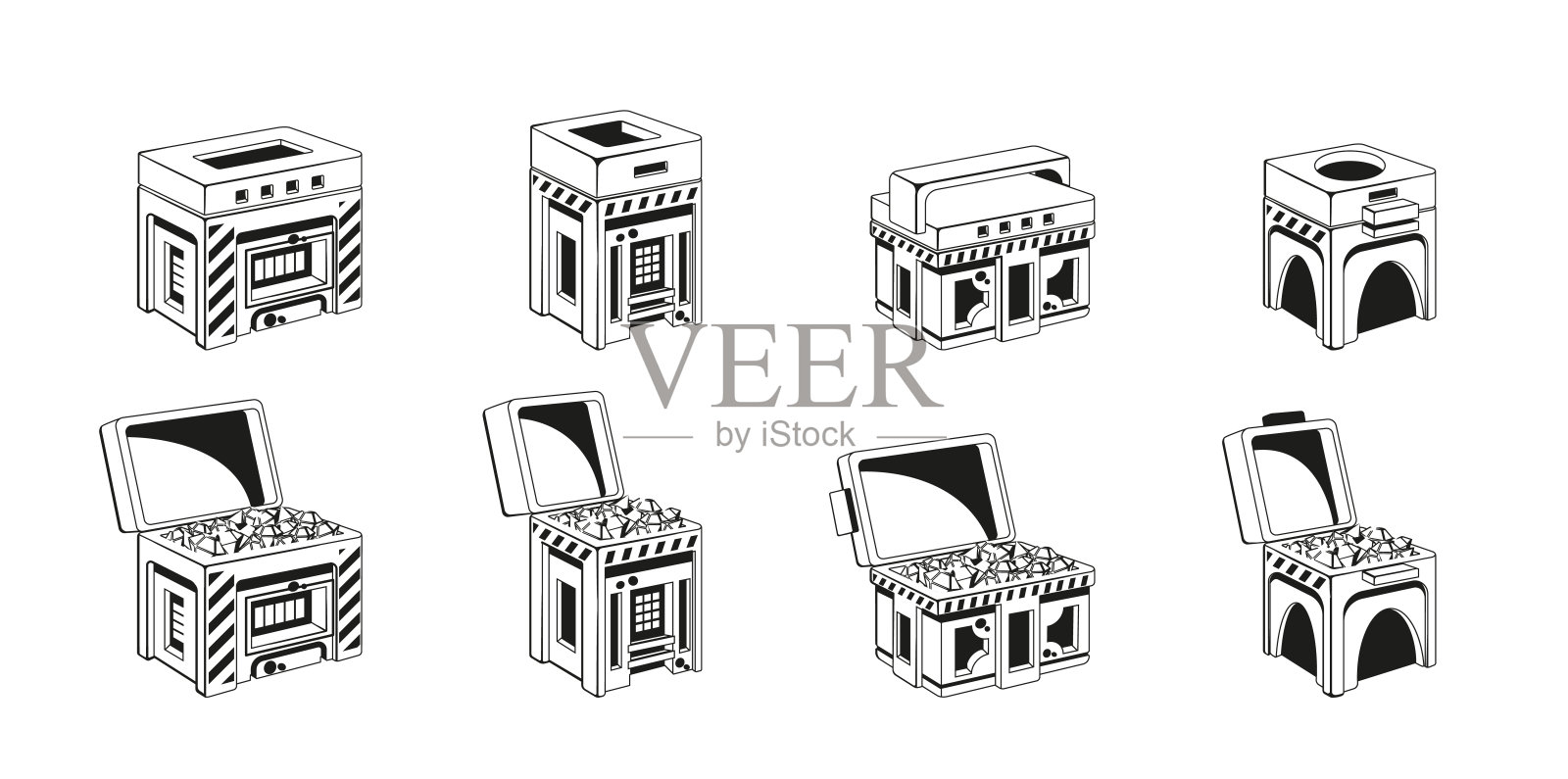 未来的箱子黑白图标集。封闭和打开盒子与宝藏，孤立的科幻游戏资产插画图片素材