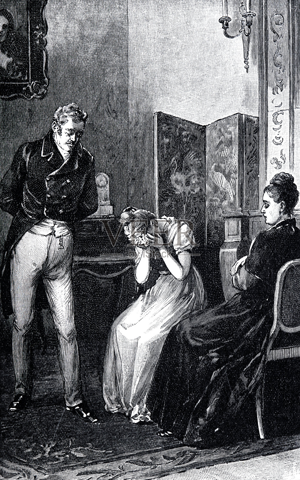 女孩在父母间哭泣，在客厅里插画图片素材