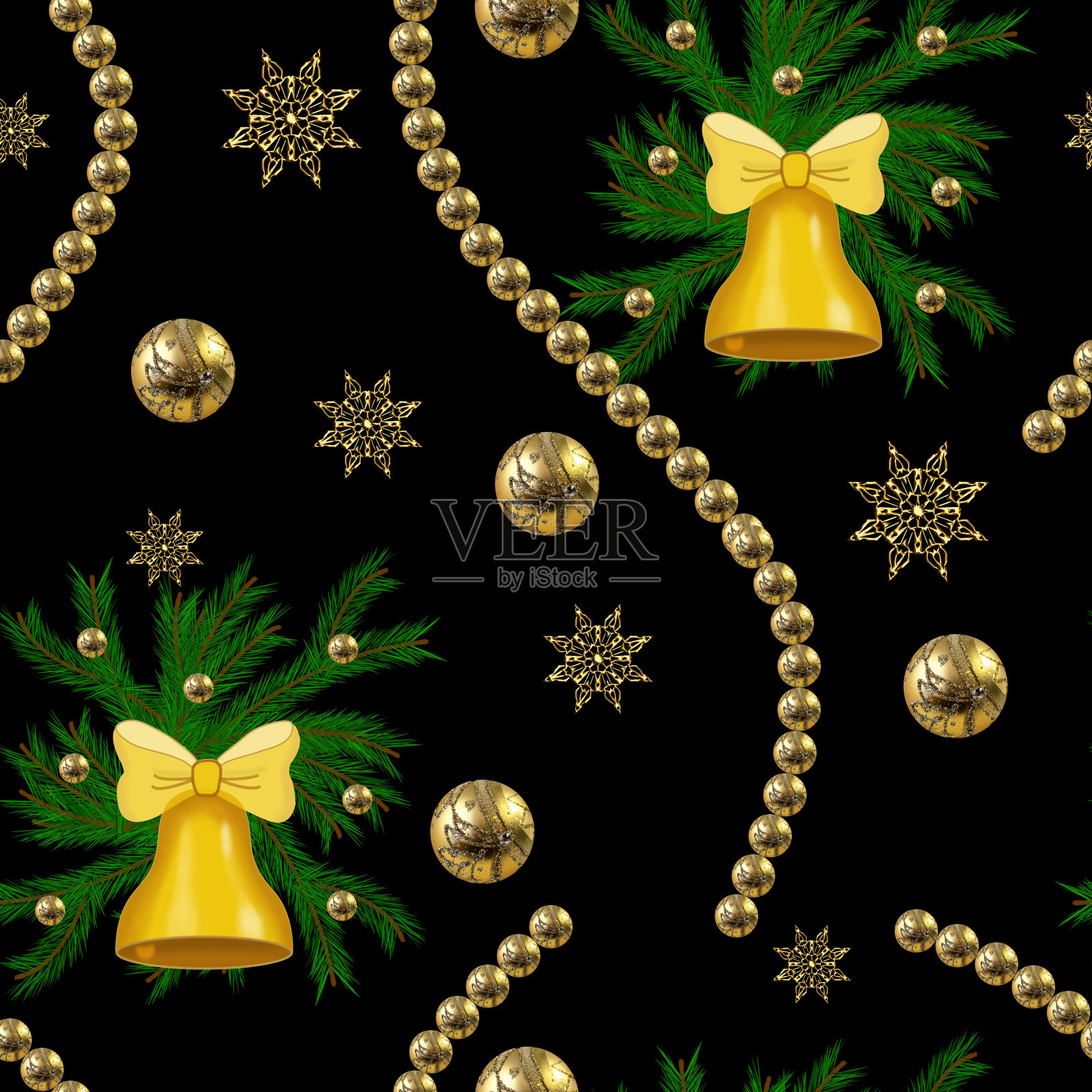以新年和圣诞节为主题的无缝图案，有雪花、球、圣诞树树枝、金色照片摄影图片