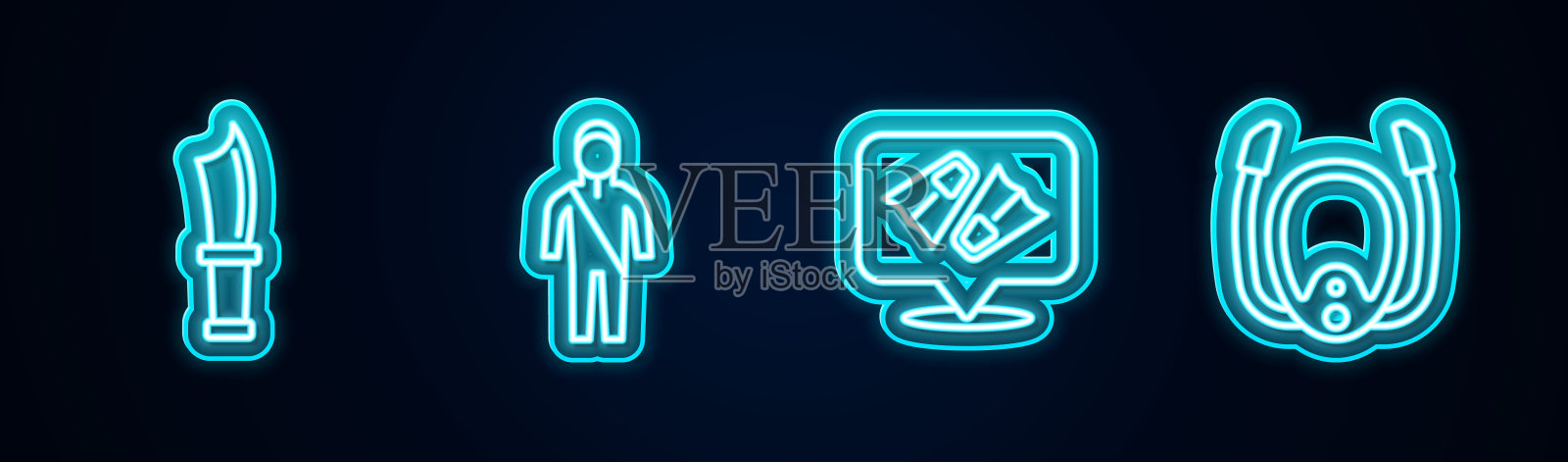 潜水刀，潜水服，游泳脚蹼和带通气管的面罩。发光的霓虹灯图标。向量图标素材