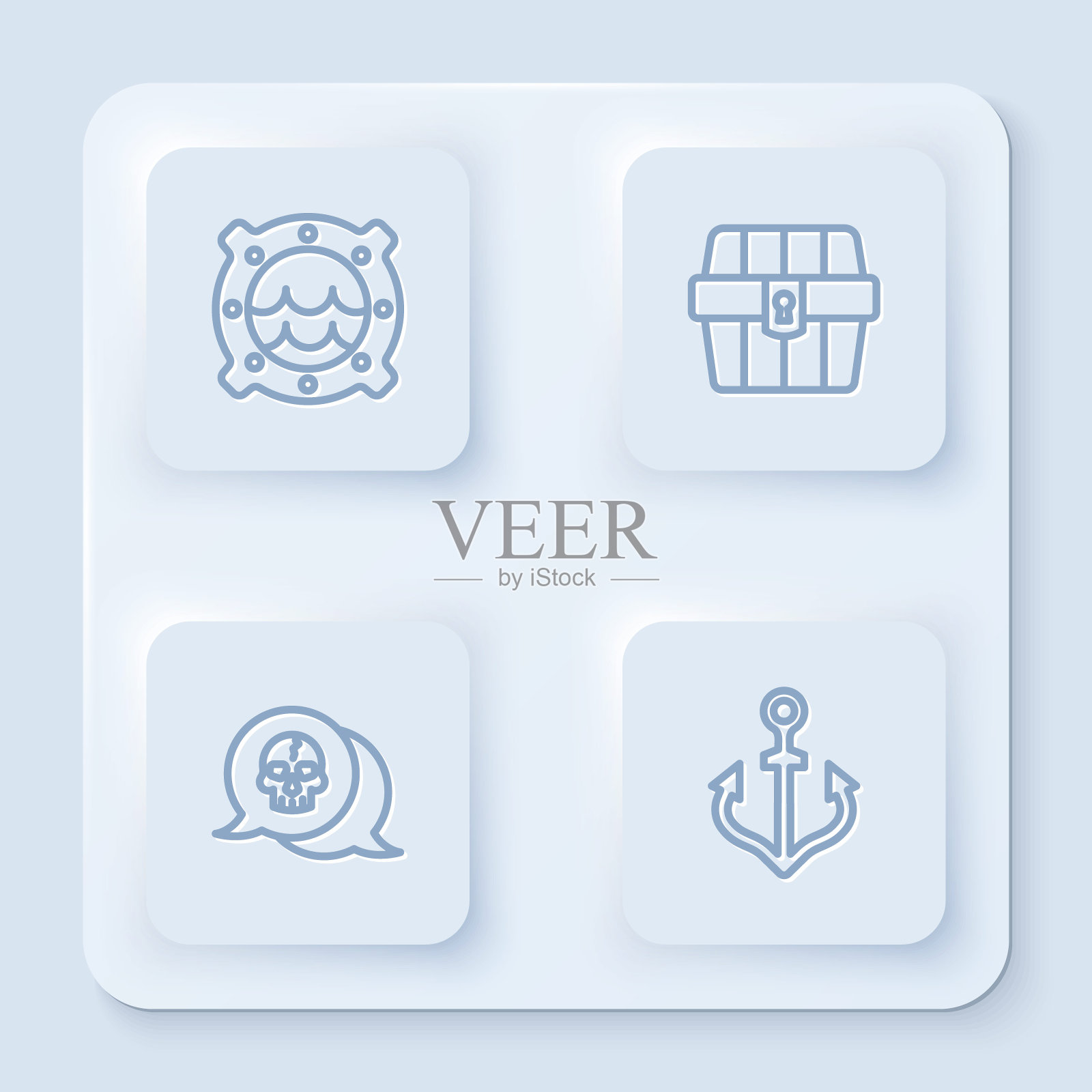 设置船舶舷窗海景，古董宝箱，骷髅和锚。白色方形按钮。向量插画图片素材